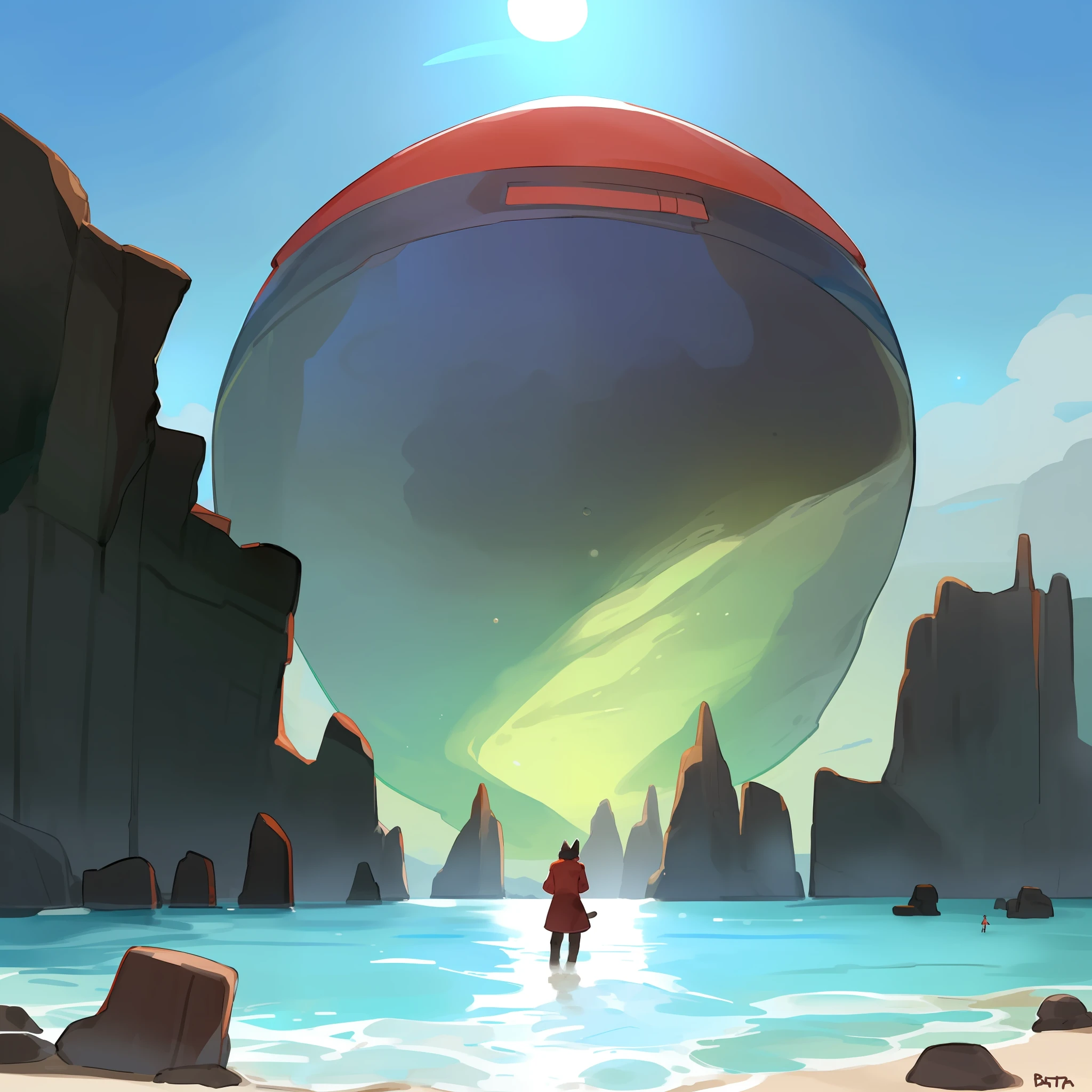 Diverse cast of anthro characters in red spaceship uniforms, canines, felines, male, female, hair, detailed hands, on an alien beach with a green sky and brown water, large jagged rocks in the water, large moons and planets visible in the sky, cloudy, foggy, by bebebebebe, by buta99