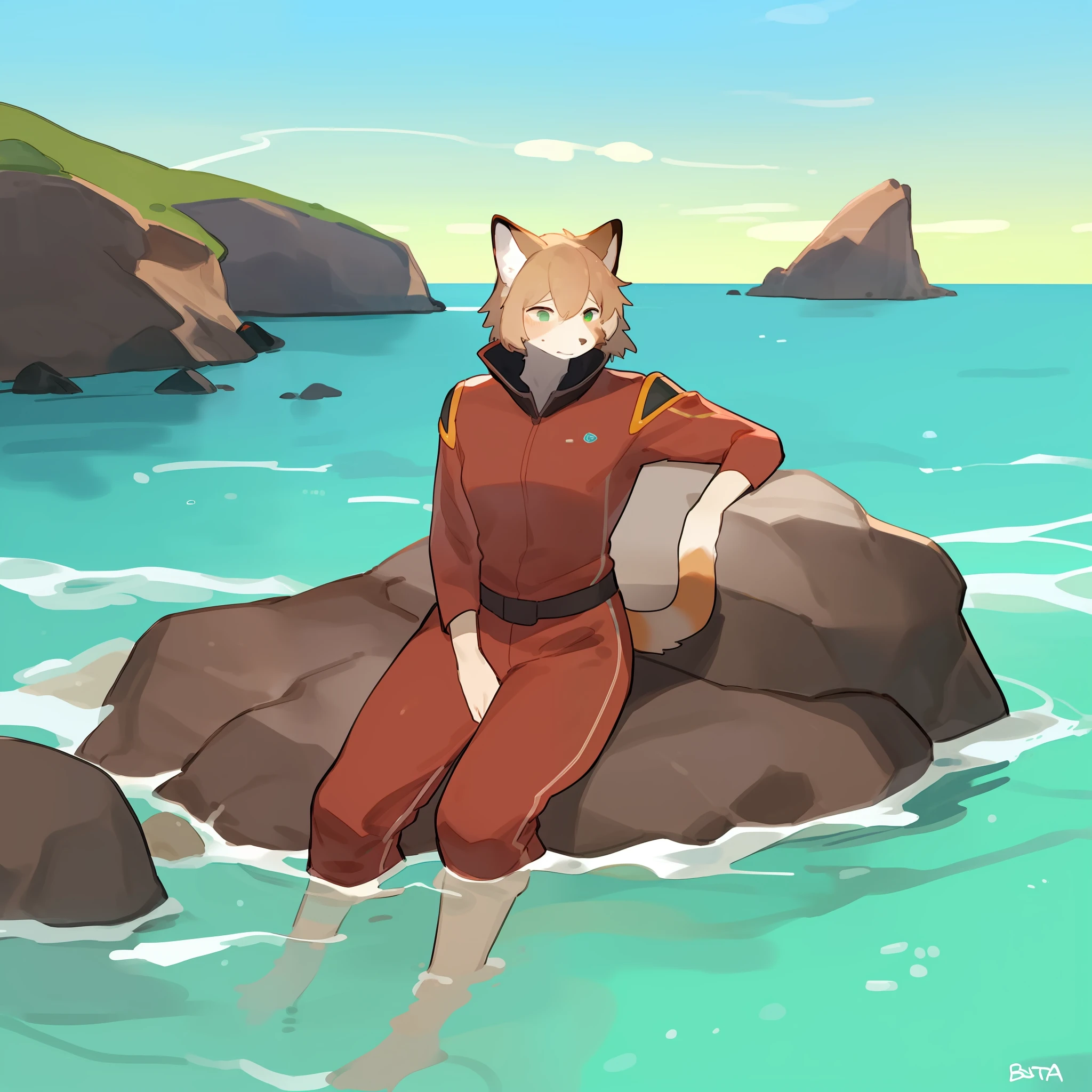 Diverse cast of anthro characters in red spaceship uniforms, canines, felines, male, female, hair, detailed hands, on an alien beach with a green sky and brown water, large jagged rocks in the water, large moons and planets visible in the sky, cloudy, foggy, by bebebebebe, by buta99