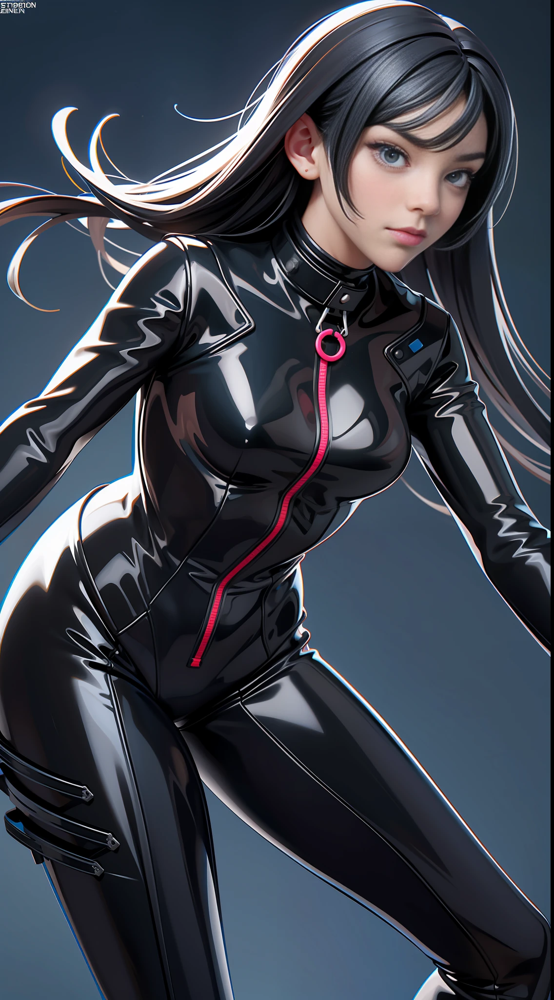 solo, super fine photo, full body picture Unreal Engine 5 8K UHD of a girl in a skin tight futuristic black latex Evangelion plug suit, slick black catsuit, black iconic character, smooth black skin, black body, PVC, glossy latex suit, rubber suit, rubber belts, collar, rubber glove, high boots, arm and leg cuffs, straps, best quality, masterpiece, official art, unified 8k wallpaper, super detailed, sharp focus, dynamic pose, body parts, no extra limbs, precisely anatomy