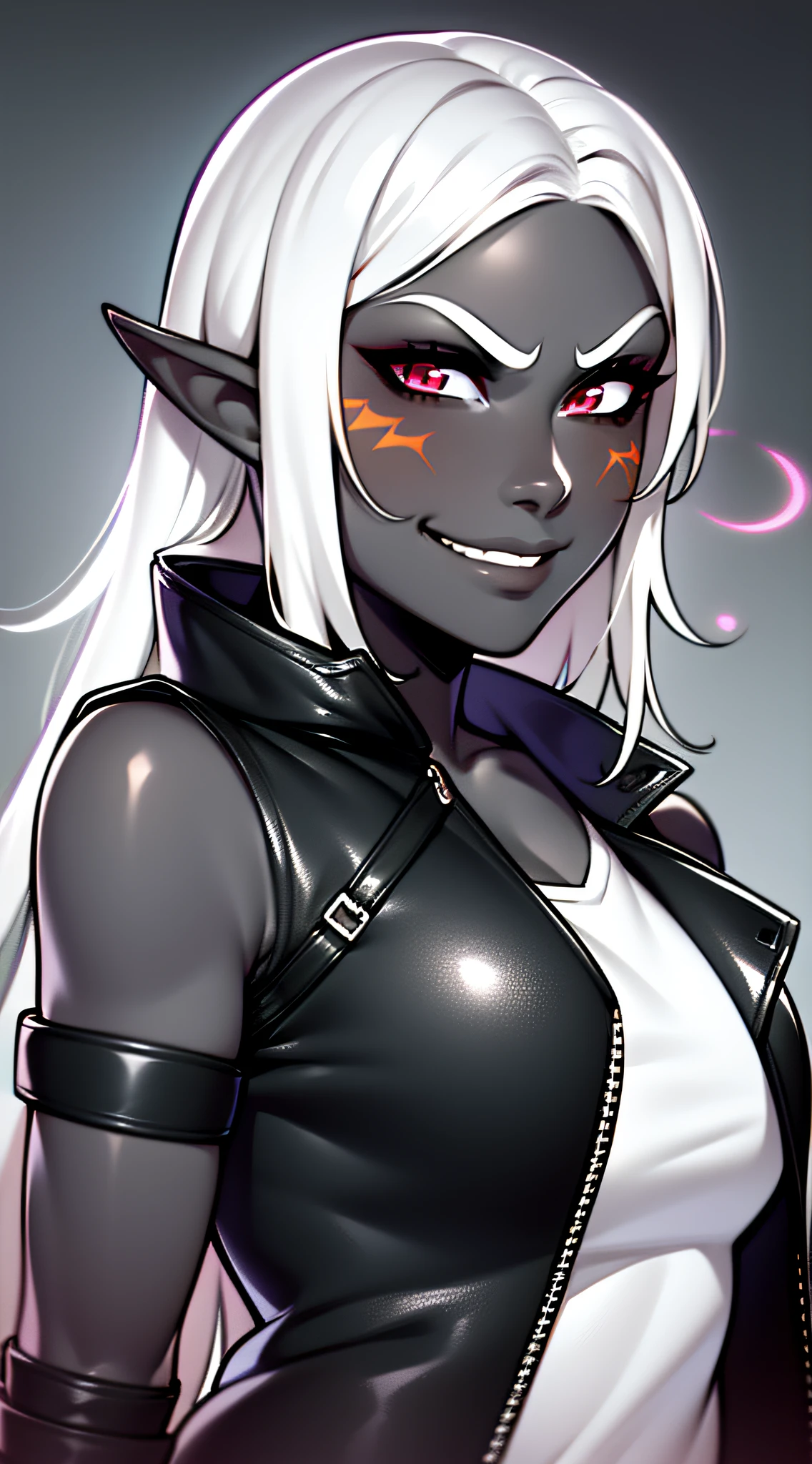 masterpiece, best quality, 1girl, t shirt, leather jacket, open jacket, skinny, smug, smirk, tomboy, drow, white hair, red eyes, pointy ears, grey skin, black skin, neon lights, city