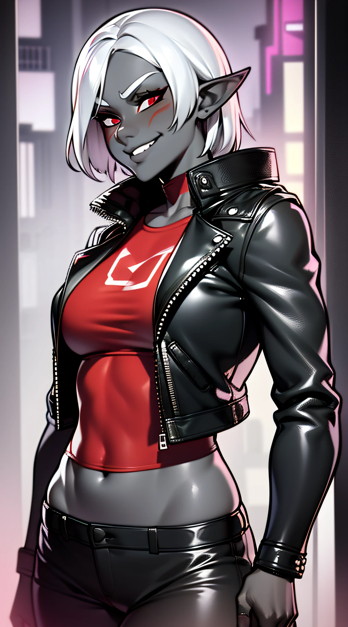 masterpiece, best quality, 1girl, t shirt, leather jacket, open jacket, skinny, smug, smirk, tomboy, drow, white hair, red eyes, pointy ears, grey skin, black skin, neon lights, city