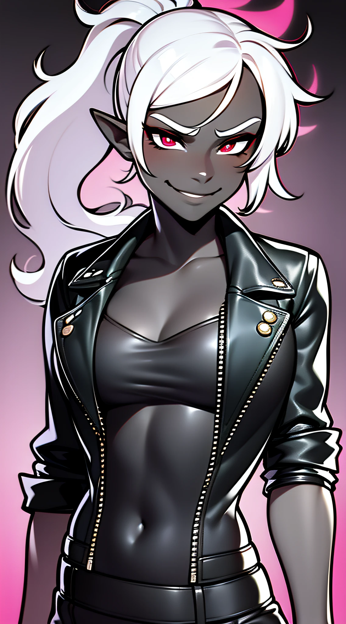 masterpiece, best quality, 1girl, t shirt, leather jacket, open jacket, skinny, smug, smirk, tomboy, drow, white hair, red eyes, pointy ears, grey skin, black skin, neon lights, city