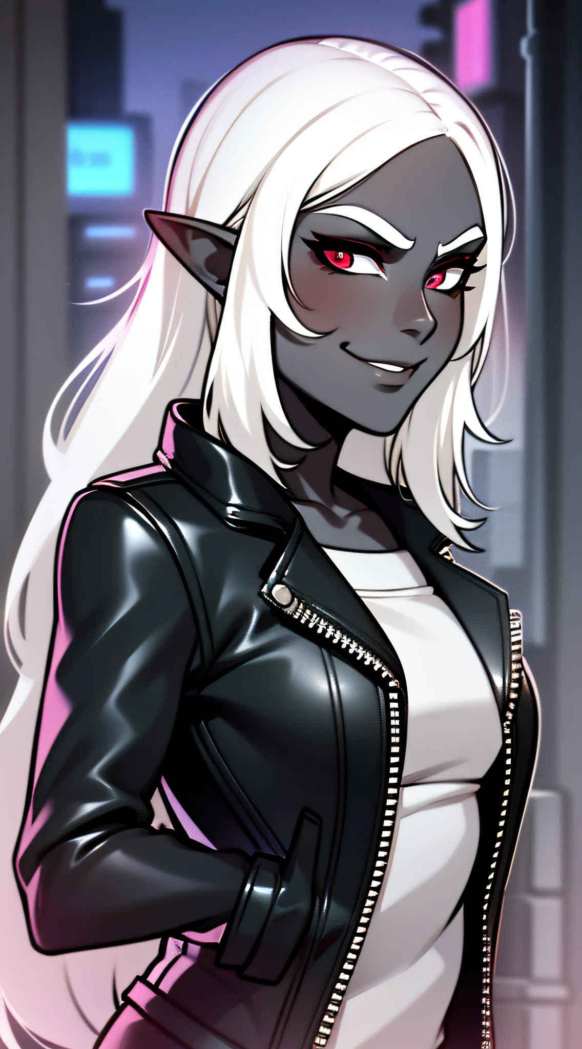 masterpiece, best quality, 1girl, t shirt, leather jacket, open jacket, skinny, smug, smirk, tomboy, drow, white hair, red eyes, pointy ears, grey skin, black skin, neon lights, city