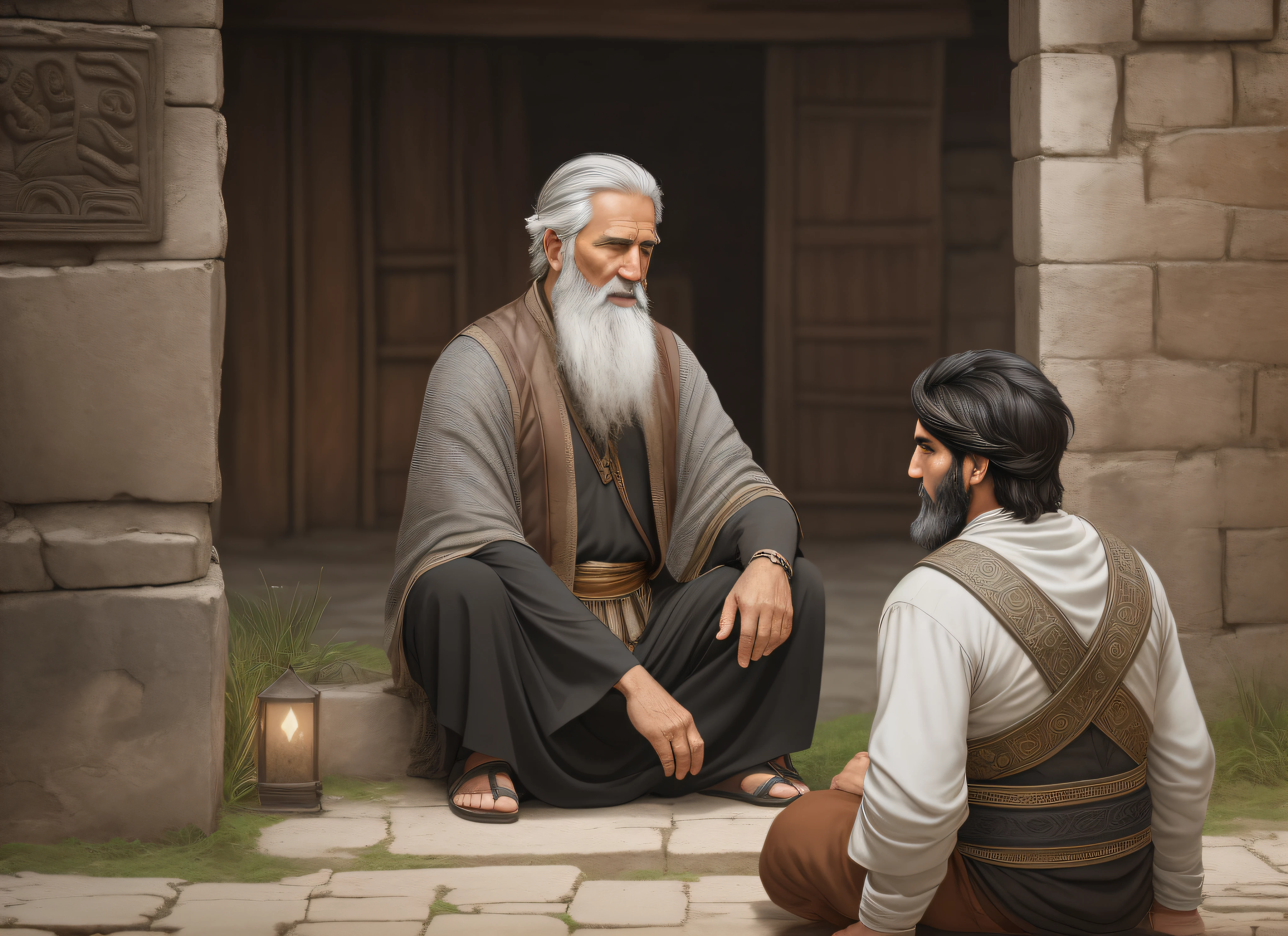 A memorable scene from an ancient city, where a young man, (((30 years old, short black hair and brown eyes))), has a deep conversation with an old sage with gray hair and long gray beards. The environment is immersive with realistic details and the lighting is perfect for adding drama and depth to the scene.