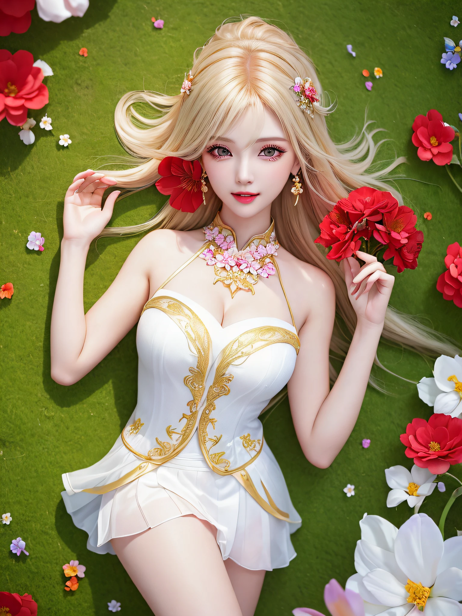 ((Female teacher lying in the flower garden)))) v6, earrings, full body v6, (long golden white hair), translucent clothes, look, superb, ultra high definition, RAW photography, realism 1.25), (bright lip gloss, long eyelashes, smooth) face, bright skin, natural shadows, wide light, wide light, depth of field, strong colors, subtle caustics: 0.8), smile, (big), v6 ( Bra made of red flowers in transparent white, miniskirt,))), sleeveless, lower body slender, behind the woman, there are various beautiful flowers (absurd, high resolution, super detailed), ((a little dirty all over, clothes are also torn))