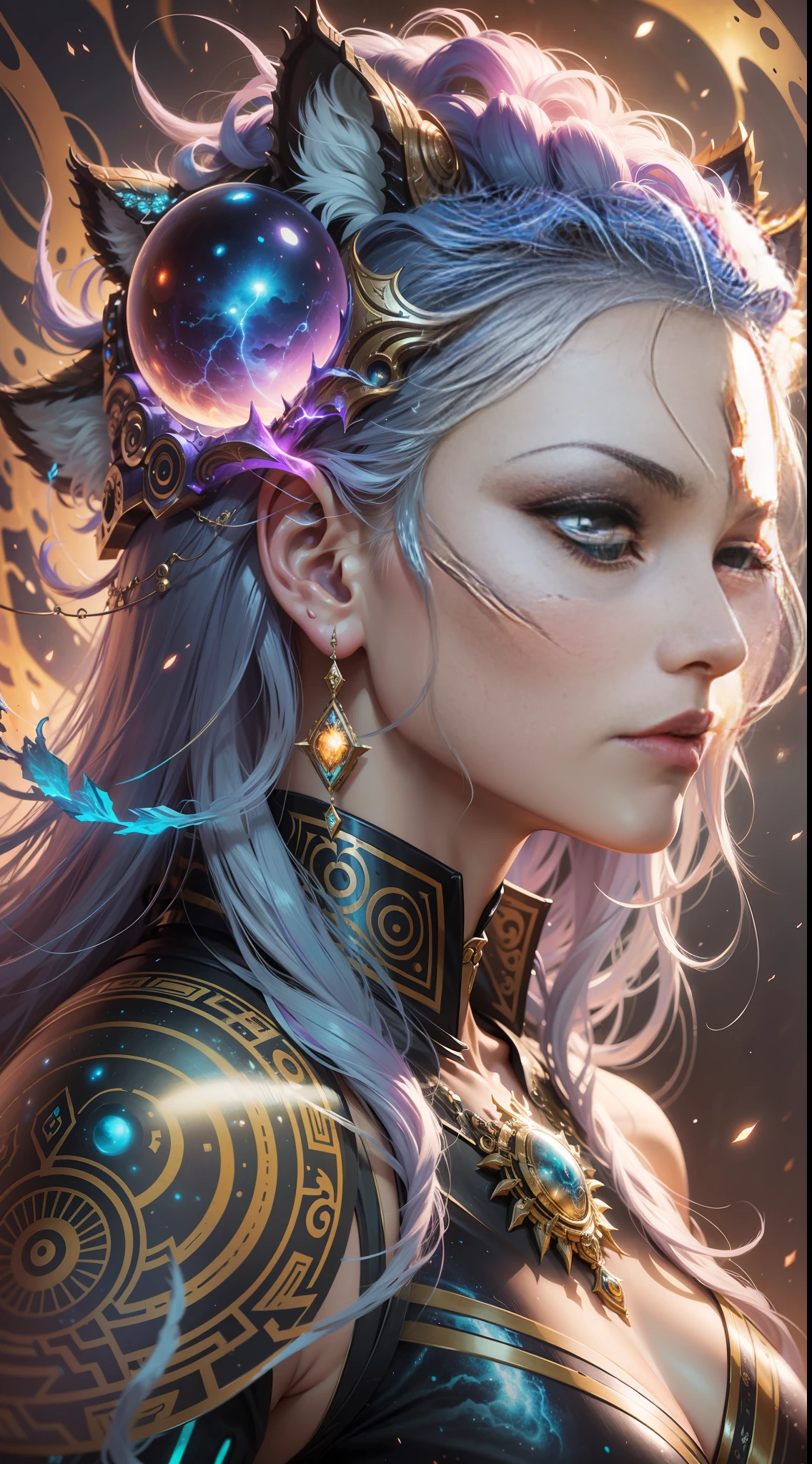 Galactic tiger with lots of hair on its head, third eye, staring at something far away, intricate details, electric, fantasy art, Anato Finnstark, latex painting, very detailed, misty rutkowski, HDR, ultra-detailed, edge light, faded, dull