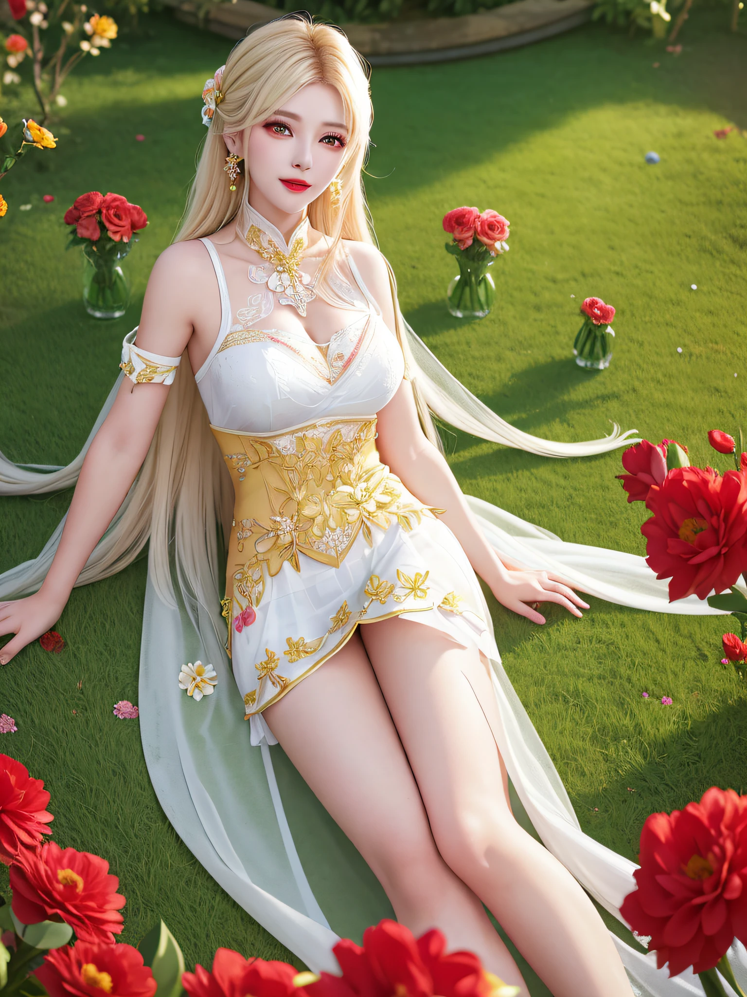 ((Female teacher lying in the flower garden)))) v6, earrings, full body v6, (long golden white hair), translucent clothes, look, superb, ultra high definition, RAW photography, realism 1.25), (bright lip gloss, long eyelashes, smooth) face, bright skin, natural shadows, wide light, wide light, depth of field, strong colors, subtle caustics: 0.8), smile, (big), v6 ( Bra made of red flowers in transparent white, miniskirt,))), sleeveless, lower body slender, behind the woman, there are various beautiful flowers (absurd, high resolution, super detailed), ((a little dirty all over, clothes are also torn))