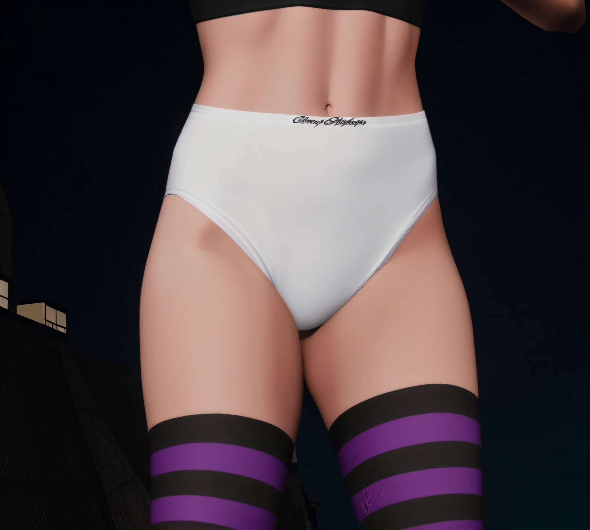 Caucasian woman in black band shirt white high cut cotton panties and purple and black socks, photo realistic