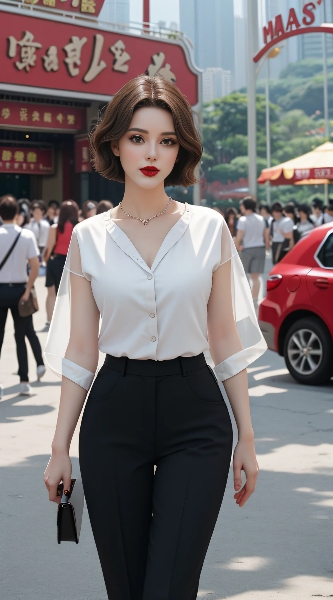 AS-MidAage, close up photography, sexy, short hair, brunette hair, makeup, red lips, background in an amusement park in Hong Kong, shirt, pants, jewelry, looking at the audience, surreal, {an extremely delicate and beautiful girl}, (fidelity: 1.2), 8k wallpaper, {{{masterpiece}}}, high heels, front, full body