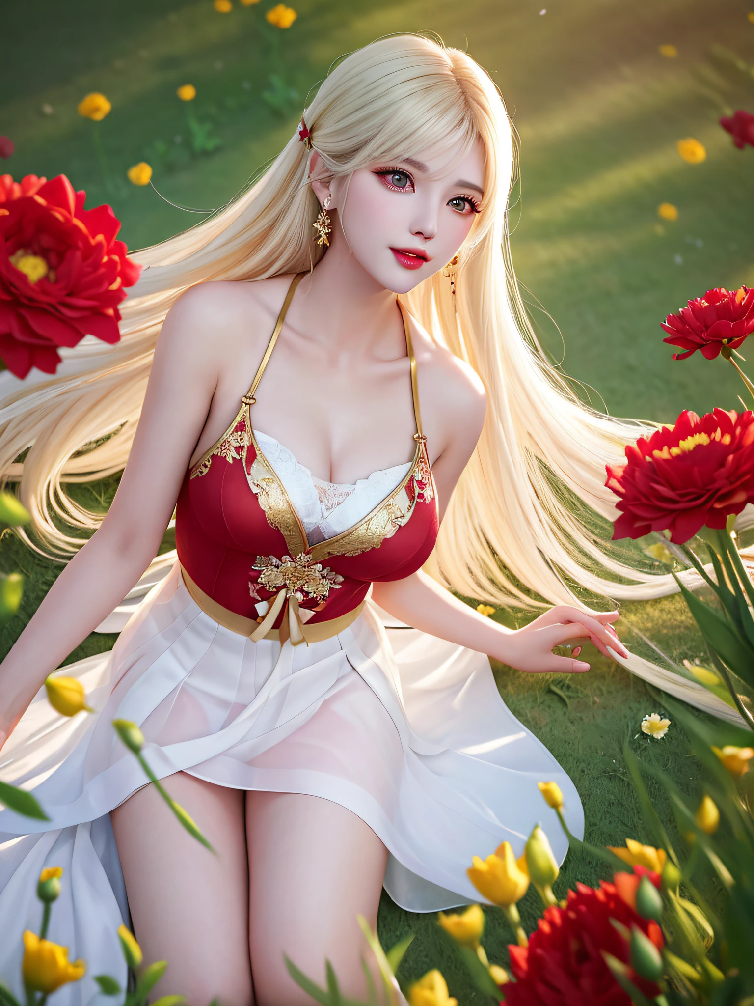 ((Female teacher lying in the flower garden)))) v6, earrings, full body v6, (long golden white hair), translucent clothes, look, superb, ultra high definition, RAW photography, realism 1.25), (bright lip gloss, long eyelashes, smooth) face, bright skin, natural shadows, wide light, wide light, depth of field, strong colors, subtle caustics: 0.8), smile, (big), v6 ( Bra made of red flowers in transparent white, miniskirt,))), sleeveless, lower body slender, behind the woman, there are various beautiful flowers (absurd, high resolution, super detailed), ((a little dirty all over, clothes are also torn))
