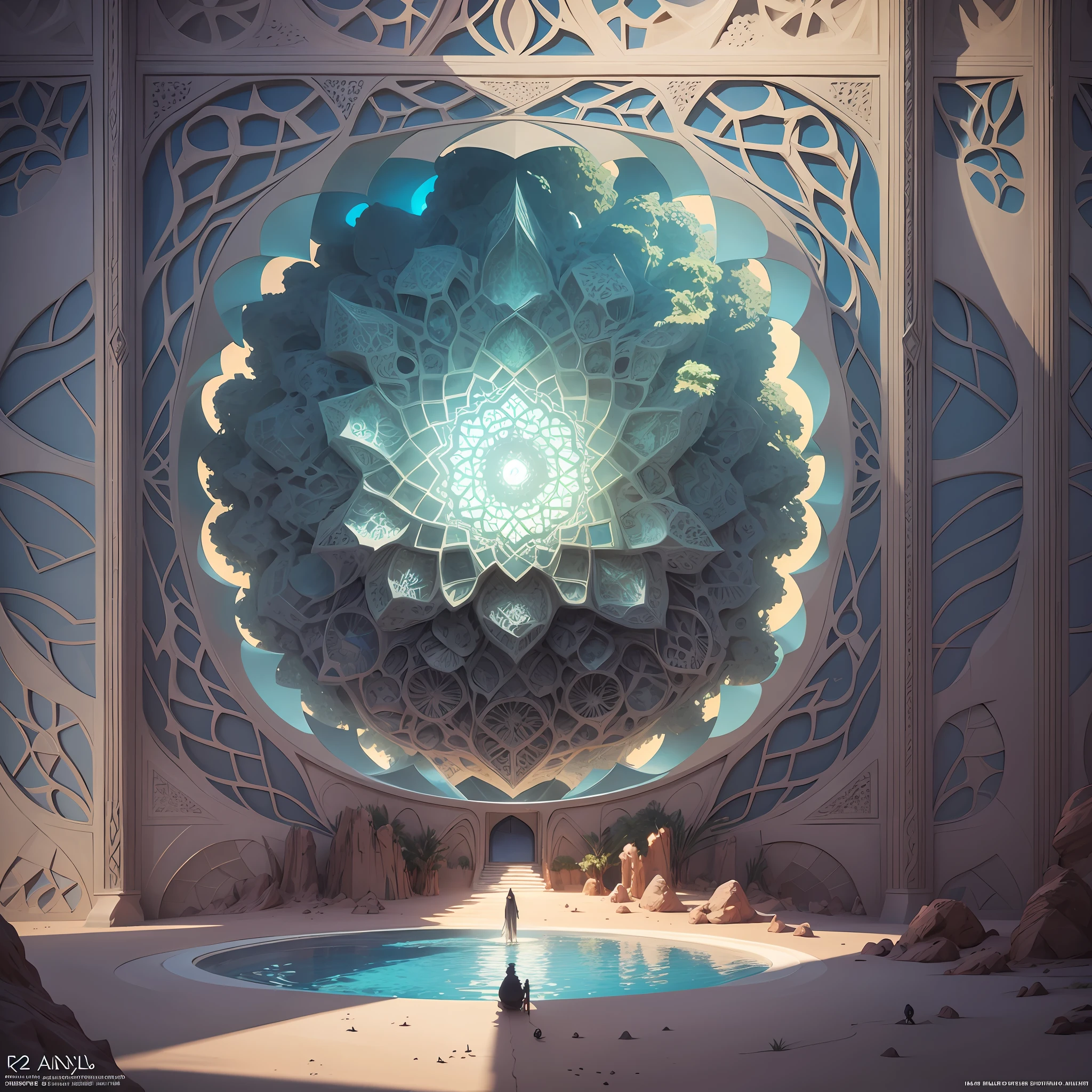 Futuristic Islamic architecture design of cave architecture concept art on desert oasis, islamic architecture, proportional,detailed, cave architecture nature meets futuristic architecture by Toyo Ito ,residential area, futuristic development, high rise balconies, full of rock and glass facades, residential spaces carved from cliff side ,trending on artstation, beautiful lighting,In the style of Arabic calligraphy masterpiece, fantasy, intricate, award winning, 4k, highest quality render --auto --s2