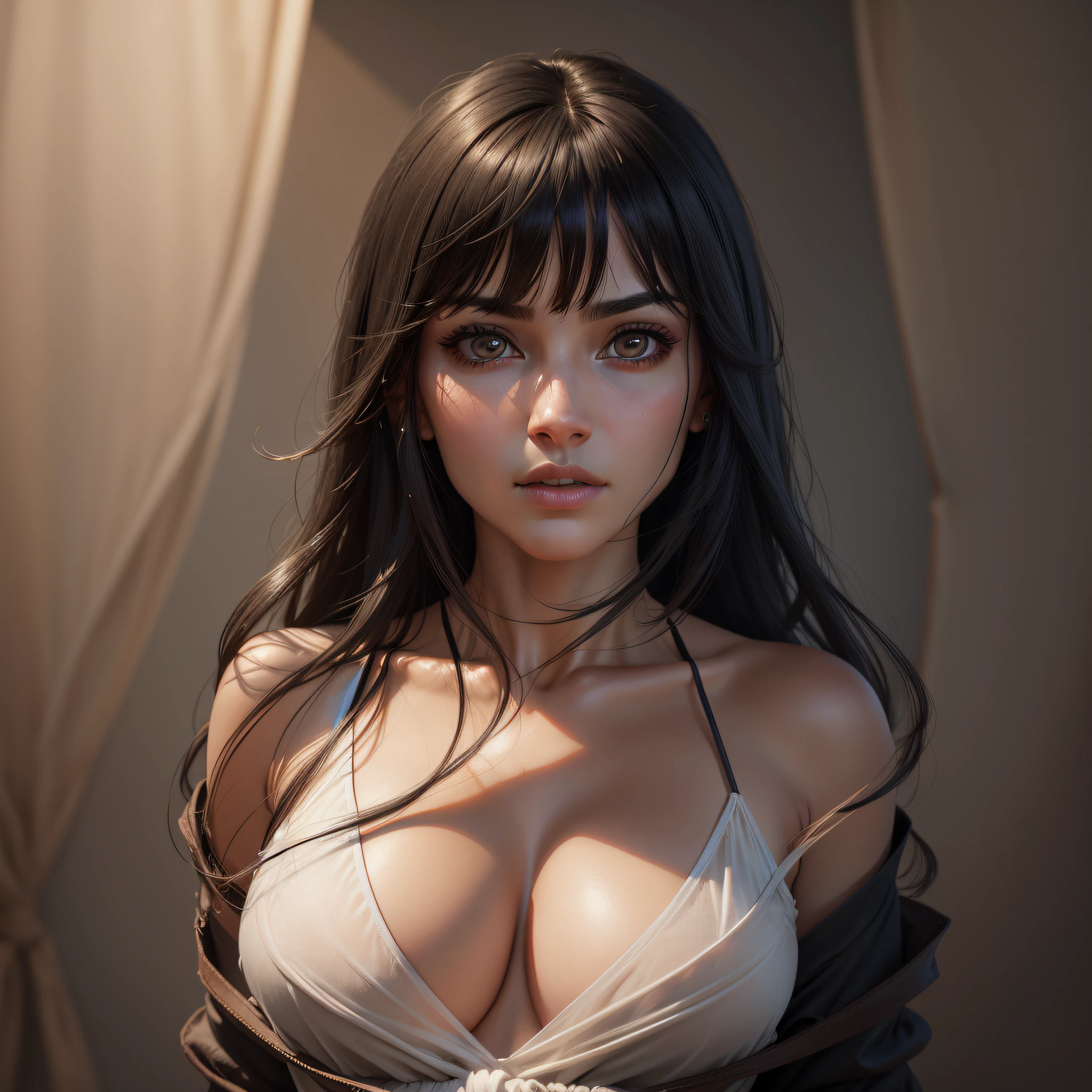 staring at us, ealistic light, pretty lady,age23, pretty face, bright face with lowered eyes, smooth skin, dark hair, black eyes portrait painting, soft light from the front of the face, simple camisole dress that prevents hair shadows on the face, Top Model, Ultra Detailed Painting, Big, See-Through Camisole Dress, Portrait Composition, Looking at Camera, Blur, 16k, 3D Rendering, Octane Rendering, Intricate Detail, 8K Post Production, High Resolution,Incredibly Realistic and Detailed Expression, Toon Body, Full Length Portrait, Full Length Photography, 8k UHD, Masterpiece, Ultra-fine details --auto --s2