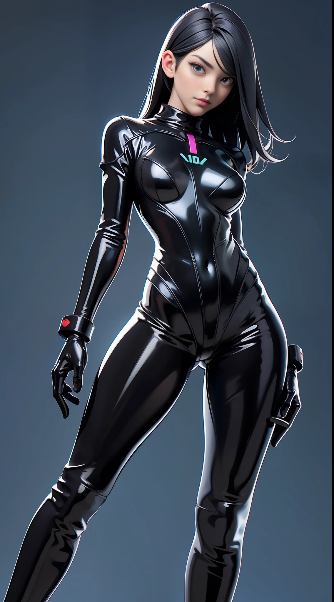 solo, super fine photo, full body picture Unreal Engine 5 8K UHD of a girl in a skin tight futuristic black latex Evangelion plug suit, slick black catsuit, black iconic character, smooth black skin, black body, PVC, glossy latex suit, rubber suit, rubber belts, collar, rubber glove, high boots, arm and leg cuffs, straps, best quality, masterpiece, official art, unified 8k wallpaper, super detailed, sharp focus, dynamic pose, body parts, no extra limbs, precisely anatomy