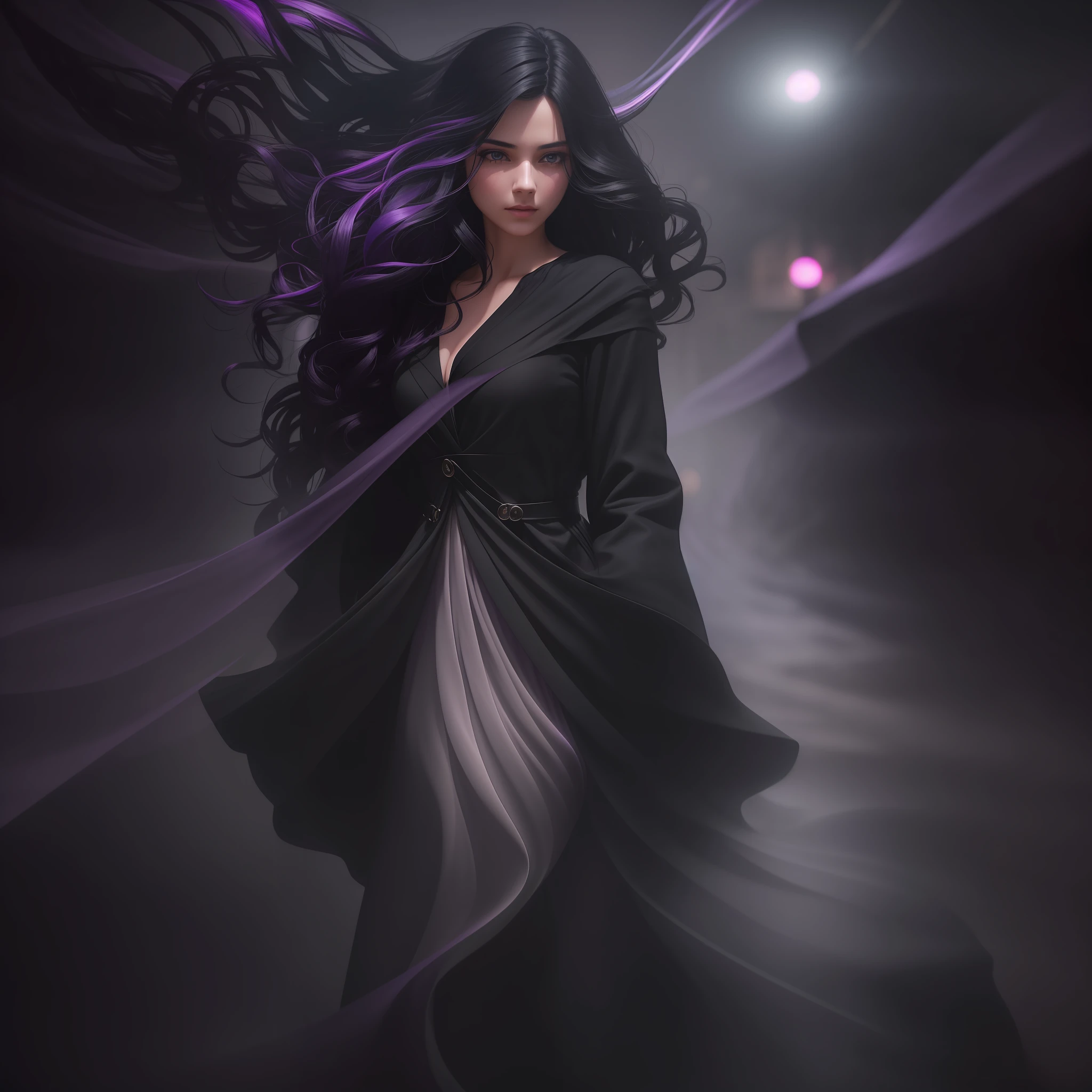 Woman walking head-on down a road at night, with fog and shadows, wavy and long black hair, detailed hand and fingers, high quality, ultra-detailed, 8k, masterpiece, (volumetric lighting), black magic, fanciful, lilac colors, purple, black and vivid shadows on the woman's return. --auto --s2
