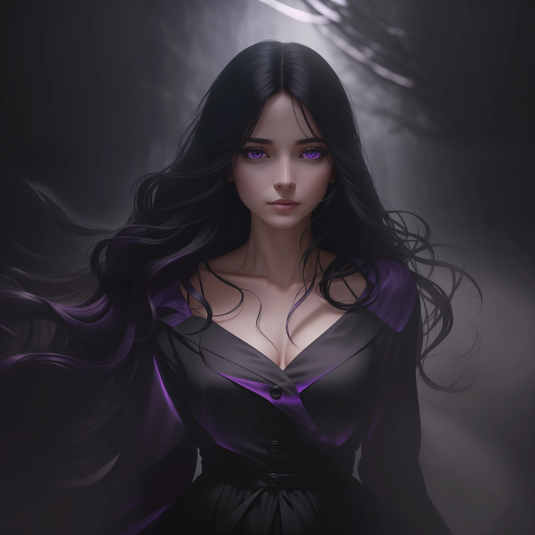 Woman walking head-on down a road at night, with fog and shadows, wavy and long black hair, detailed hand and fingers, high quality, ultra-detailed, 8k, masterpiece, (volumetric lighting), black magic, fanciful, lilac colors, purple, black and vivid shadows on the woman's return. --auto --s2