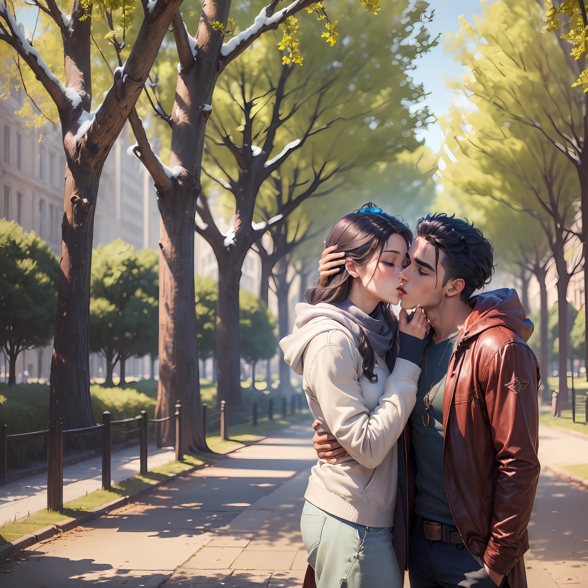 (((A handsome rapas man kissing on the forehead of a beautiful girl in a park cold clothes)))