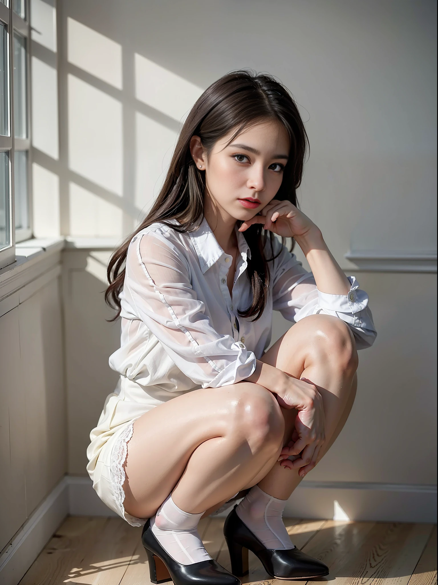 (Photoreal: 1.4), (Hyperrealistic: 1.4), (Realistic: 1.3), (Smooth Lighting: 1.05), (Improved cinematic lighting quality: 0.9), 32K, 1 female, 24 year old business woman, squatting on her knees, Realistic lighting, Backlight, Face lights, Ray Tracking, (Bright light: 1.2), ( Quality improvement: 1.4), (highest quality realistic texture skin: 1.4), fine detailed eyes, detailed face, fine quality eyes, dark brown eyes, (tired, sleepy and satisfied: 0.0), white blouse, dark blue tight skirt with slit on the side without body fitting ornament, dark brown hair, pure white silk socks, black strap pumps, light indoor white wall background