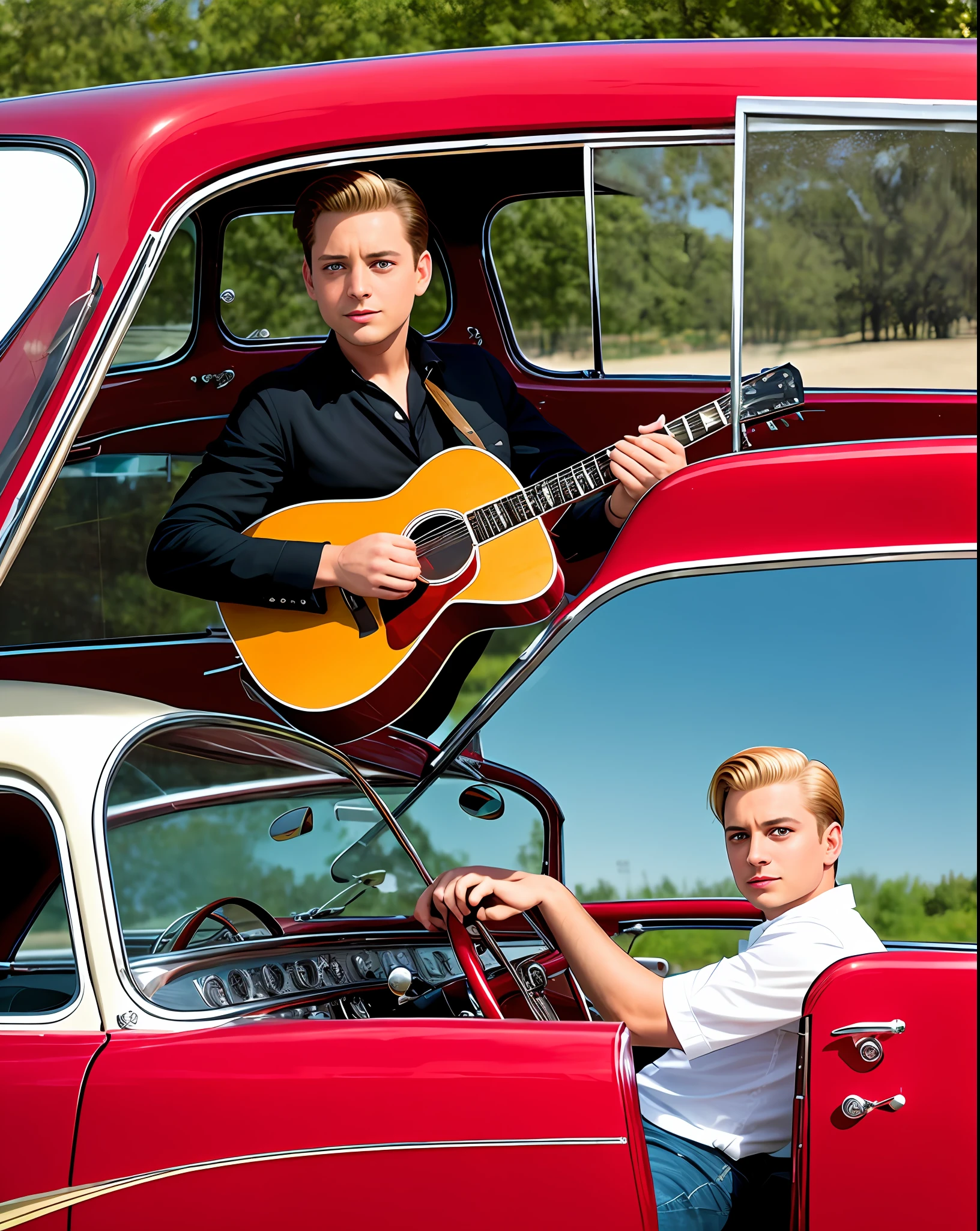 Tobey Maguire is playing singer eddie cochran, with his blonde hair and holding the gretsch guitar playing on top of a red 1956 Chevrolet.