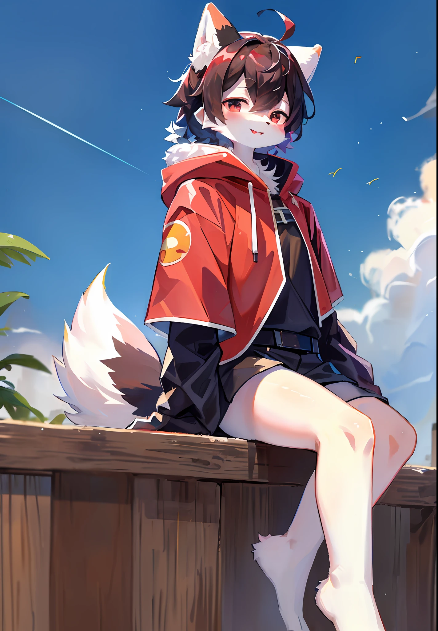 (masterpiece:1.3), (2D:1.0), (anime:1.0), (illustration:1.0), (sharp:1.2), (hard light:1.0), (shadow:1.0),(reflection, refraction:0.8), (light, dappled light, glare, lens flare, Tyndall effect: 1.0), (sharp, shiny: 1.0), (Best Quality: 1.2), (Ultra Fine: 1.0), (Extremely Complex: 1.0), (Blurred foreground, Cinematic Light, Ray Tracing: 1.1), (bright_colors, dark_intense_shadows: 1.1), (Impasto, Colorful: 1.2), (warm_light_from_below, glow_white_ particles：1.1），（Ensemble_Stars！ _\(style\):0.95). wolf_boy,anthro,uploaded_on_e621,solo,upper_body,cowbow_shot,male_focus,furry_kemono,furry_male,cub,young_male,bishounen,11_years_old,kawaii,cute,fancy,fragile,cool, handsome. detailed_fluffy_fur,tuft,(white_fur,body_fur,oil_skin,skin_with_fluffy_fur:1.3),animal_nose,animal_ear_fluff,fluffy_paws,pawpads,animal_hand,fluffy_big_tail。 Black clothes, (black and red hooded cape, red and black hoodie: 1.5), short male hair, black hair, purple eyes, closed eyes, bangs, red dull hair, open mouth, smile, light blush, goggles, raised hand, holding red dagger, red metal leg ring on the thigh of the right leg is short, bottomless, (duck sitting, sitting position: 1.2), looking at the left front. (night, starry_sky, crescent_moon, star_\(sky\), gem, plant, star_\(symbol), sparkle), outdoor, landscape
