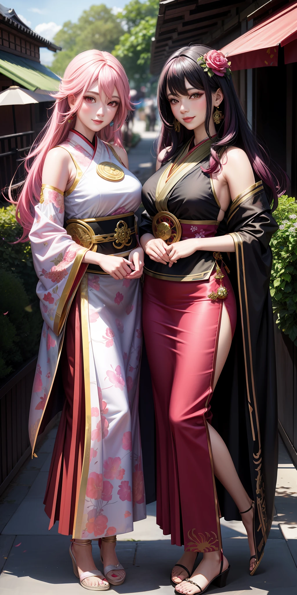 realistic, 2women, 1 woman (PINK hair), 1 woman (BLACK hair), red eyes, bright eyes, oriental clothing, skirt, lips parted, blush, flower, sun, sunlight, earrings, smile, sweet pose, confident look, YAE MIKO, KUJOU SARA