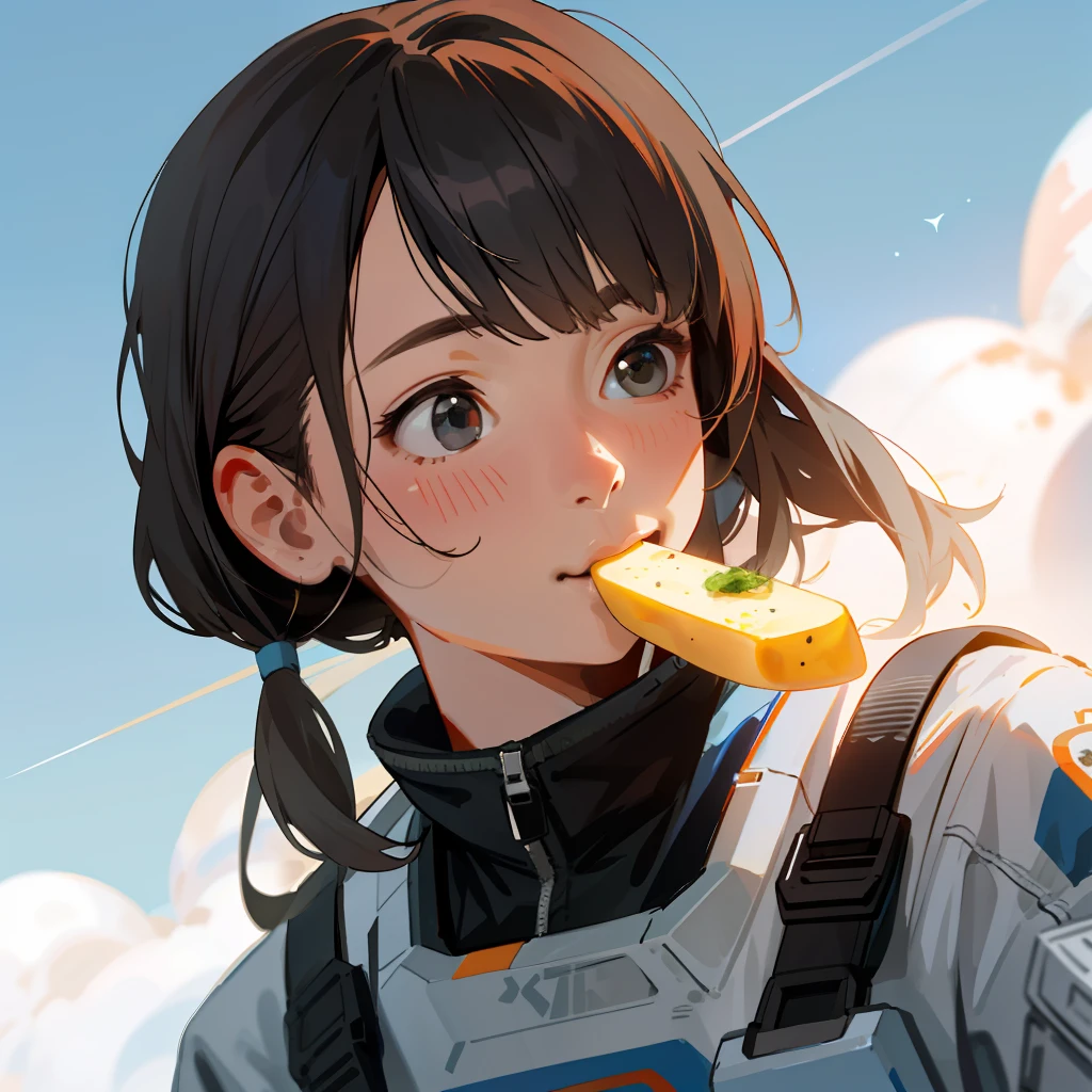 Create a realistic woman eating space potato on a potato rocket