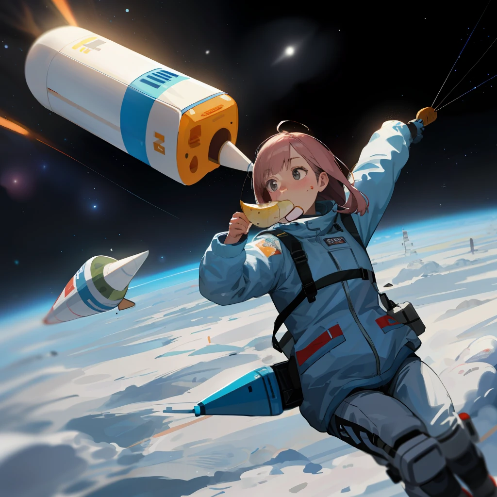 Create a realistic woman eating space potato on a potato rocket