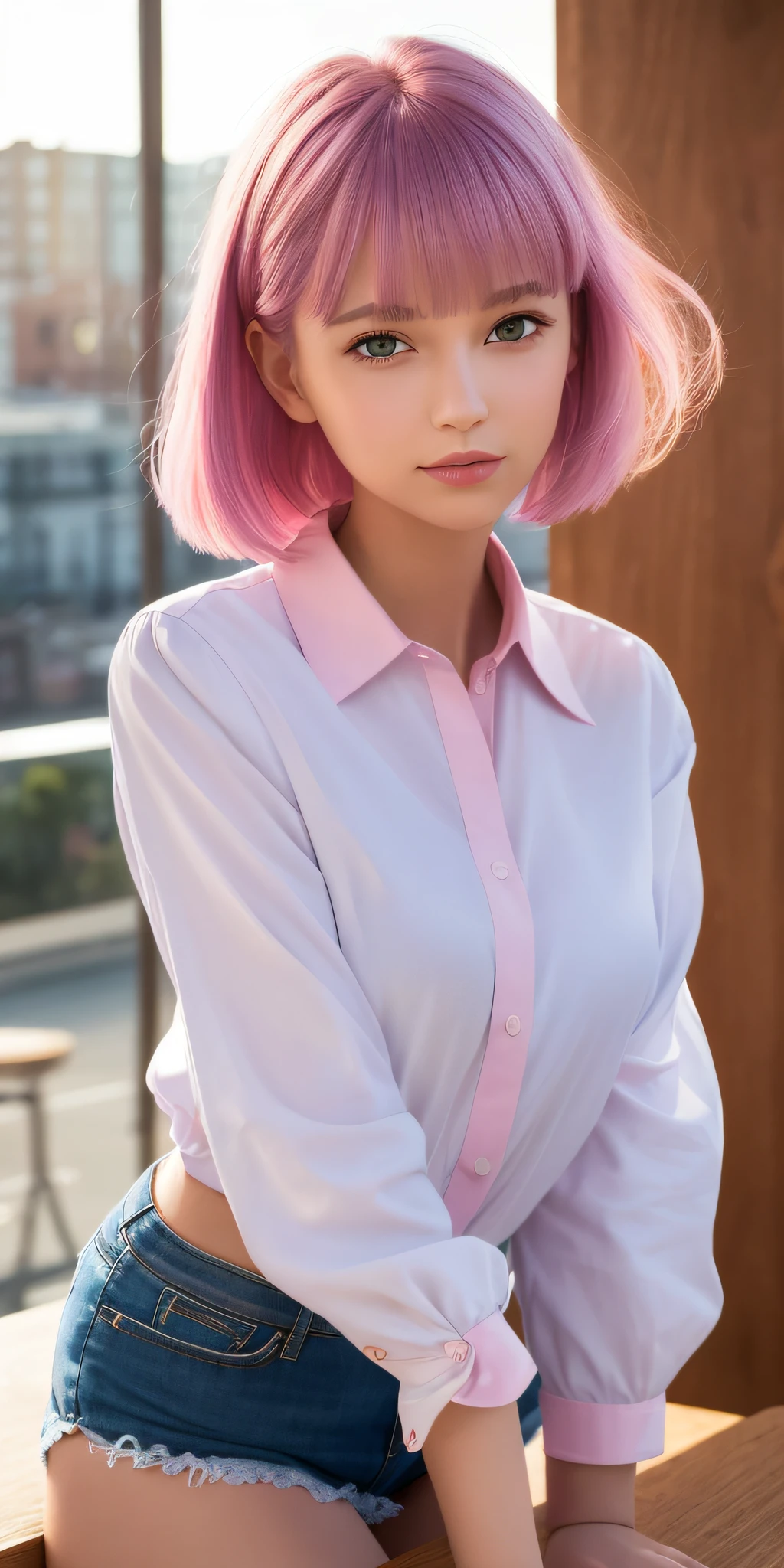 (64K, UHD, Best Quality, Masterpiece: 1.2), (Realistic, Photorealistic: 1.37), Super Detailed, One Girl, Cute, Solo, Beautiful Detailed Sky, Detailed Cafe, Night, Date, (Blush), (Smile: 1.15), (Closed Mouth) Big, Tiger-like Face, Beautiful Fine Eyes, (Shirt with Collar: 1.1), Night, Office Clothes, White Lace, (Short Hair: 1.2), ( pink hair, purple eyes), floating hair NovaFrogStyle, topless,