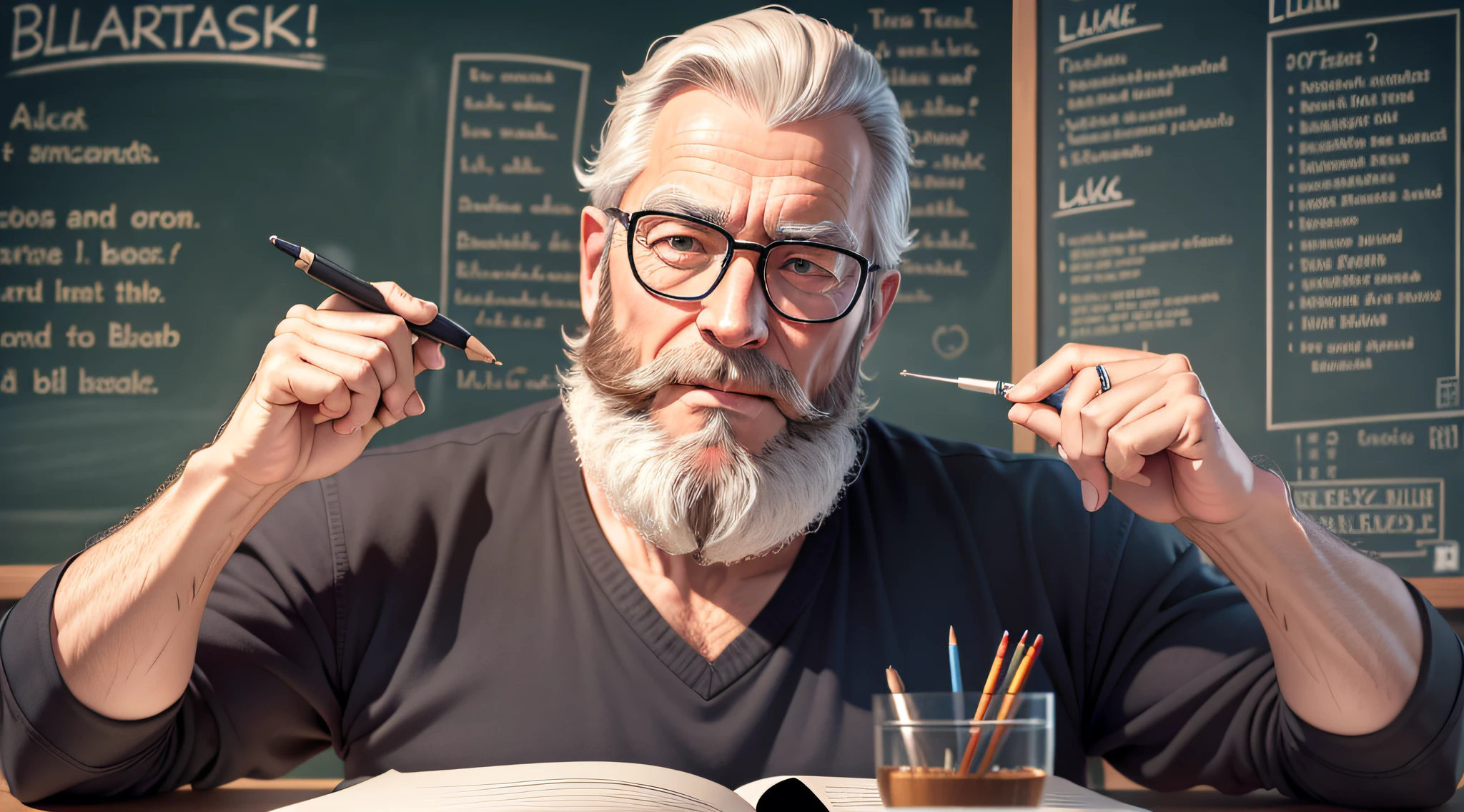 Drawing, ultra realistic, 8k, extremely detailed, in the best quality, a man, looking 50 years, teacher, with beard, and glasses, in a classroom, in the background a blackboard with the following phrase, "leave your like"