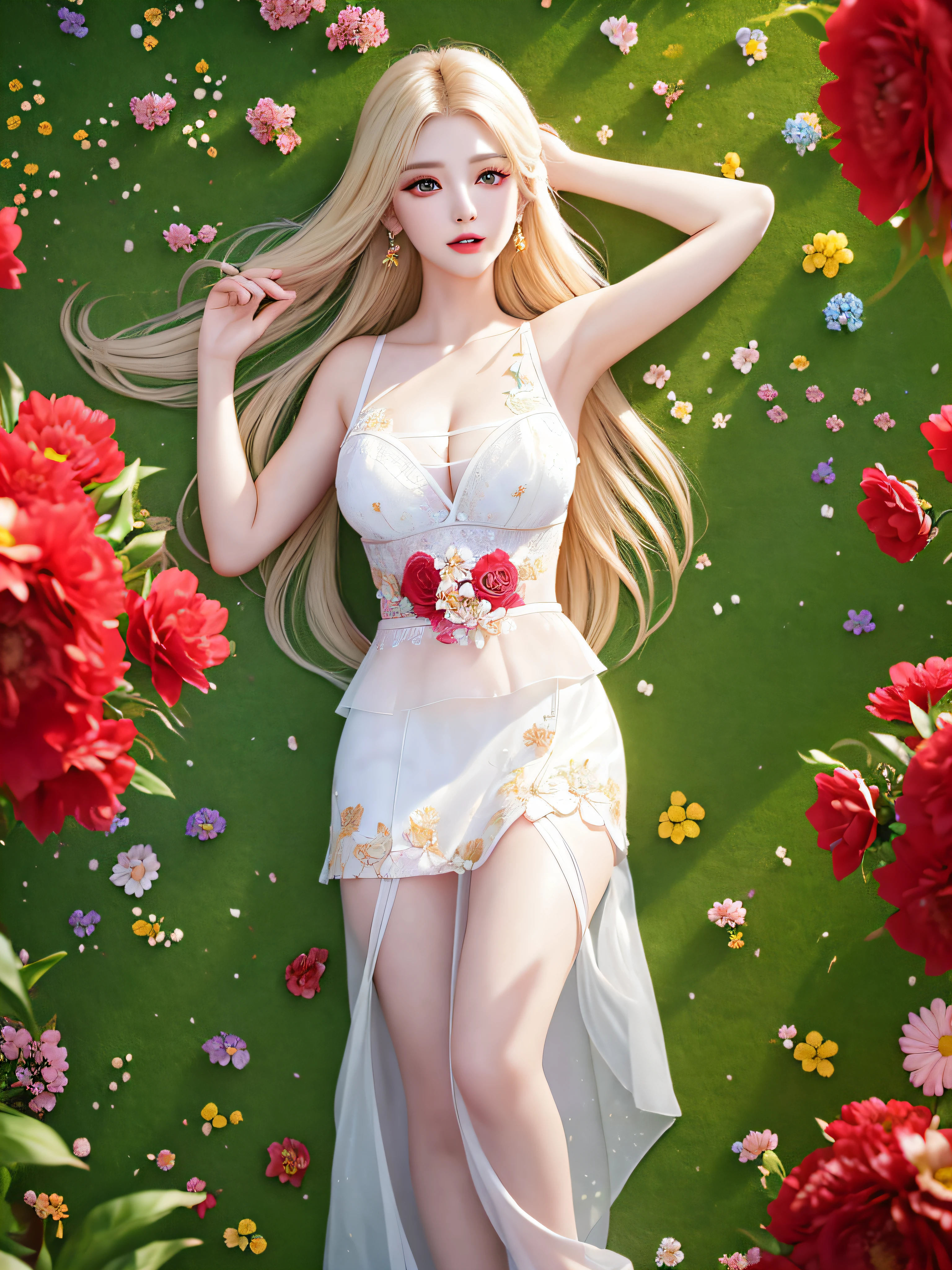 (((Female teacher lying in the flower garden)))v6, earrings, full body v6, (long golden white hair), translucent clothes, looking, superb, ultra high definition, RAW photography, realism 1.25), (bright lip gloss, long eyelashes, smooth) face, bright skin, natural shadows, wide light, wide light, depth of field, strong colors, subtle caustics: 0.8), (big), v6 ( Bra made of red flowers in transparent white, miniskirt,))), sleeveless, lower body slender, behind the woman, there are various beautiful flowers (absurd, high resolution, super detailed), ((a little dirty all over, clothes are also torn))