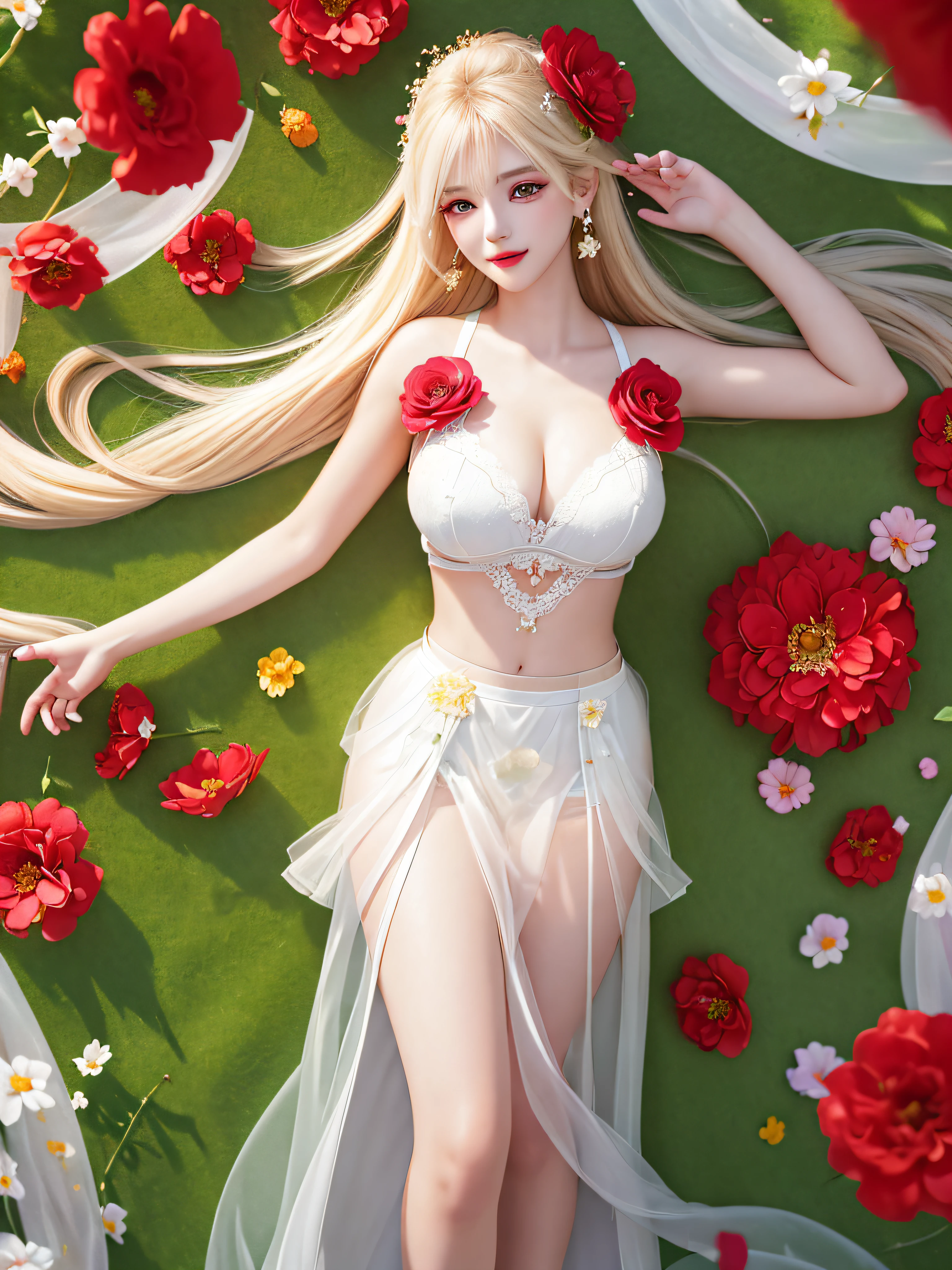 ((Female teacher lying in the flower garden)))) v6, earrings, full body v6, (long golden white hair), translucent clothes, look, superb, ultra high definition, RAW photography, realism 1.25), (bright lip gloss, long eyelashes, smooth) face, bright skin, natural shadows, wide light, wide light, depth of field, strong colors, subtle caustics: 0.8), smile, (big), v6 ( Bra made of red flowers in transparent white, miniskirt,))), sleeveless, lower body slender, behind the woman, there are various beautiful flowers (absurd, high resolution, super detailed), ((a little dirty all over, clothes are also torn))