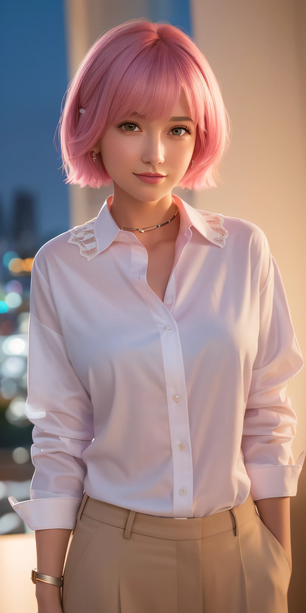(64K, UHD, Top Quality, Masterpiece: 1.2), (Realistic, Photorealistic: 1.37), Super Detailed, Girl 1 Person, Cute, Solo, Beautiful Detailed Sky, Detailed Cafe, Night, Walking, (Blushing), (Smile: 1.15), (Closed Mouth) Big, Tiger-like Face, Beautiful Fine Eyes, (Shirt with Collar: 1.1), Night, Office Clothes, White Lace, (Short Hair: 1.2), ( pink hair, purple eyes), floating hair NovaFrogStyle, topless,