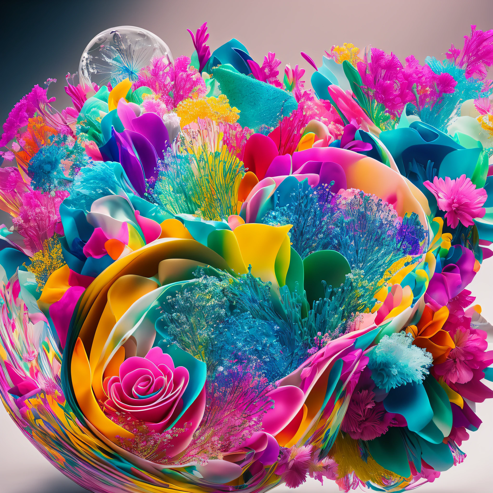Colorful floral print, in Ryan McKinley style, layered fibres, Mike Campo, a touch of white powder, light painting art, Stephen Shotridge, Ilford SFX, colorful arrangements, avant-garde design, no figures, paint texture, surrounded by a bottle of suspended perfume, depth of field