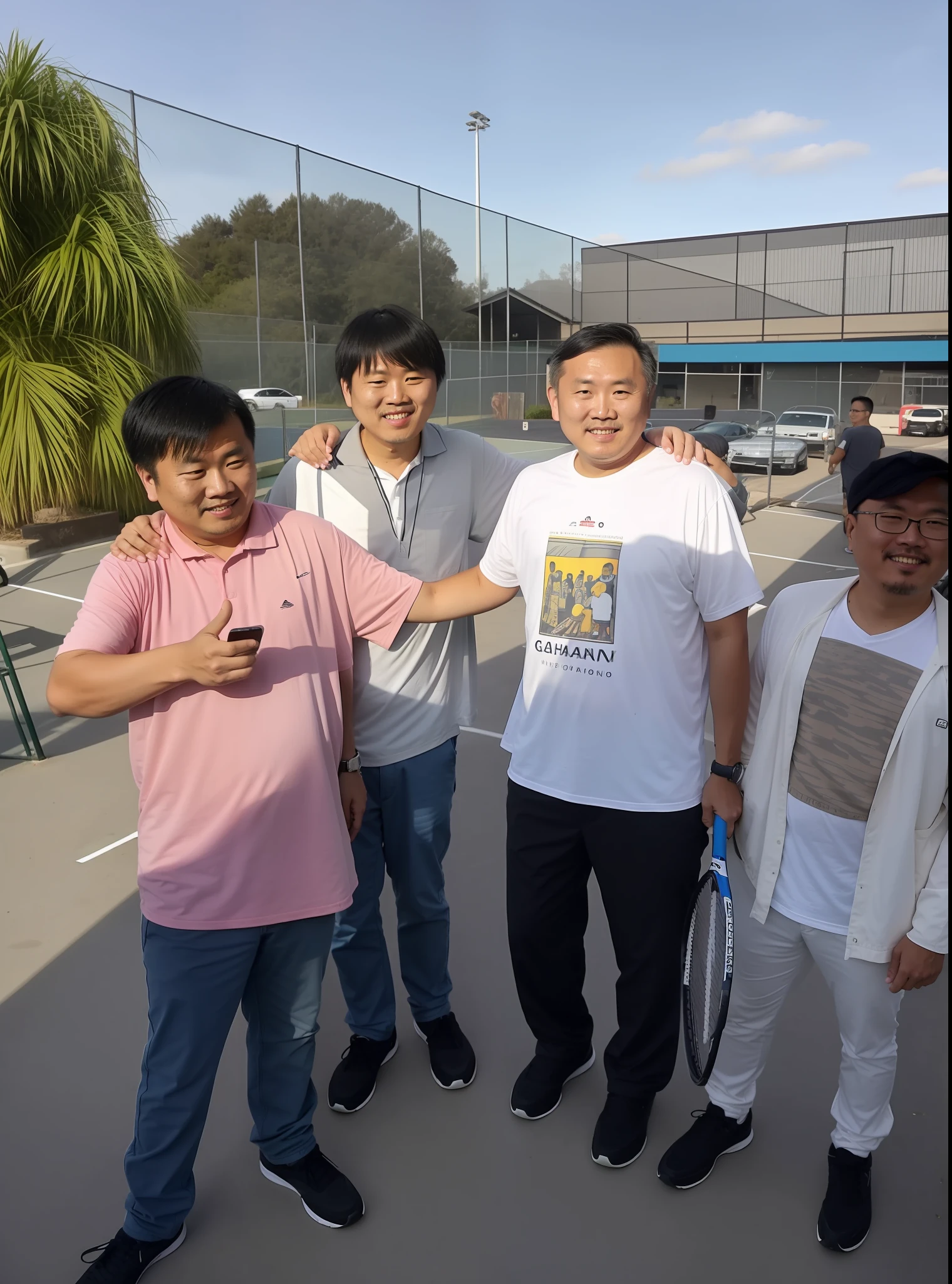 Several men together in a parking lot with a tennis court in the background, captured on iPhone, Katsuhiro and Inio Asano, Happy Family, Taken with Sony Alpha 9, Photo taken on 2 0 2 0, Taken on Go Pro Hero8, Barong Family, by Ric Estrada, father, taken in early 2020, improve image quality
