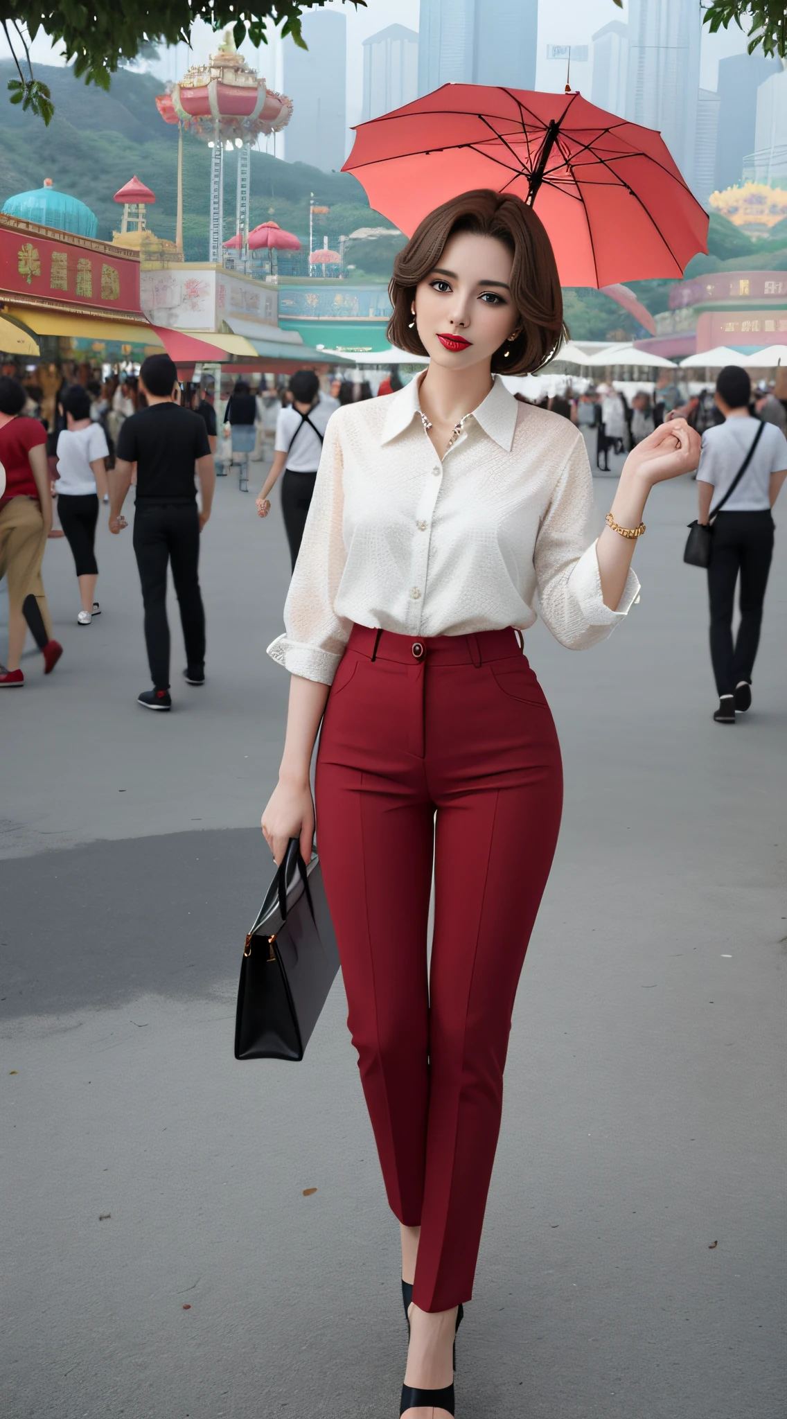 AS-MidAage, close up photography, sexy, short hair, brunette hair, makeup, red lips, background in an amusement park in Hong Kong, shirt, pants, jewelry, looking at the audience, surreal, {an extremely delicate and beautiful girl}, (fidelity: 1.2), 8k wallpaper, {{{masterpiece}}}, high heels, front, full body