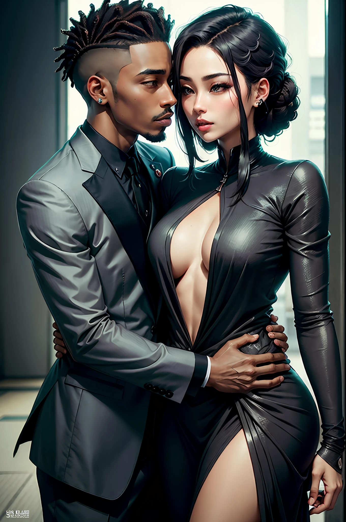 Romantic couple kissing on the mouth, beautiful Japanese woman(officer lady)in gray suit,black man in black suit short black shaved hair dreads.