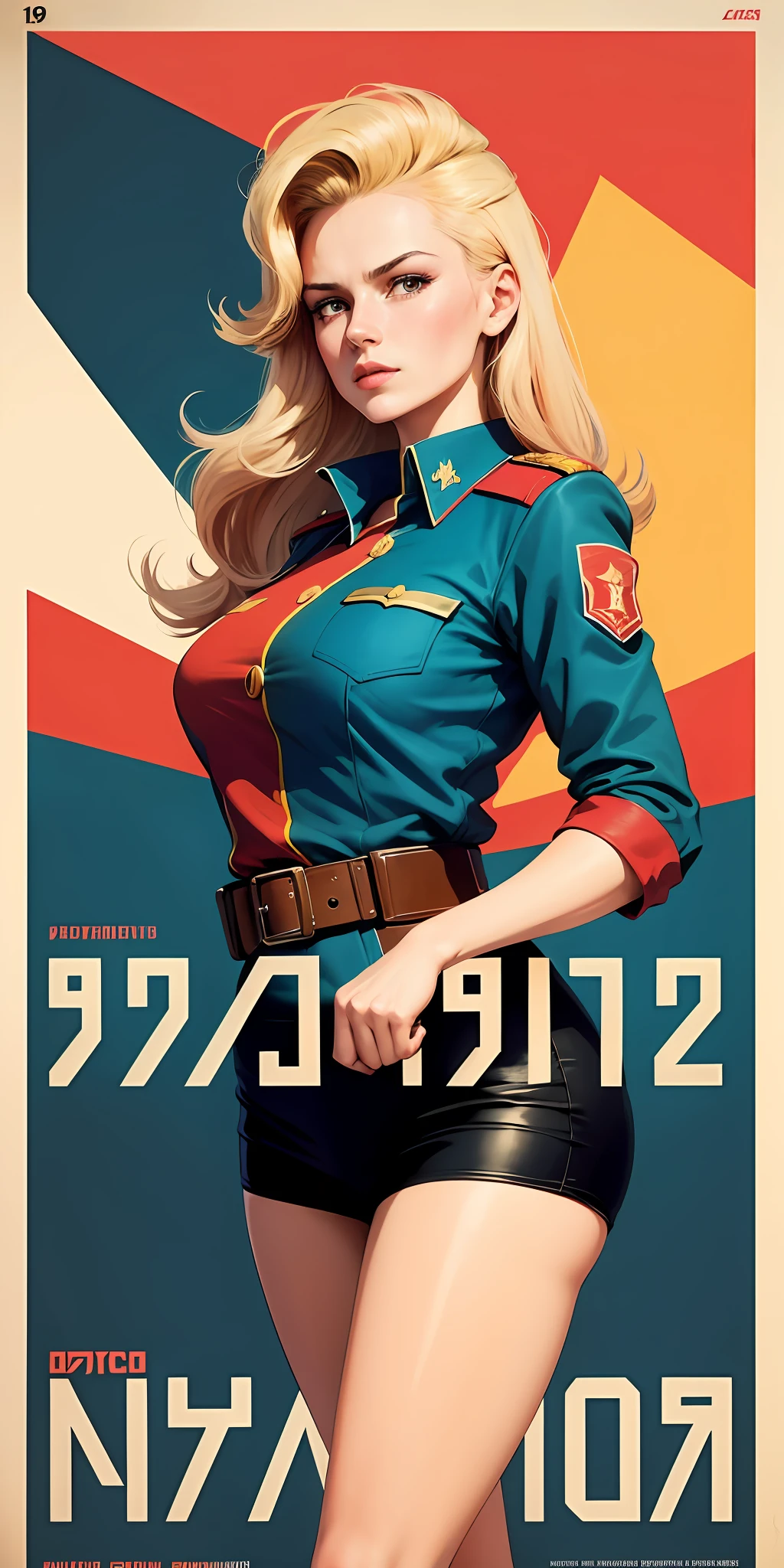 CCCP poster, soviet poster, USSR Flag in background, USSR Poster, Soviet Union poster, October Revolution, ((CCCP Poster, Soviet Poster)) (blond 1 mature girl holding up her hand in the air) propaganda Poster, poster, Soviet flag on pole, blue sky with fighter jet, uniform, 1girl, solo, good body, Poster design, poster art style. 1980s, 1950s, 1960s, basic colour scheme, Very colourful poster, colour art, thirds rule, inspiring, general, military officer, woman, 1 mature girl, hair blowing in the wind, hand high in the air, revolutionary, pointing with finger, red square backdrop, thick legs.