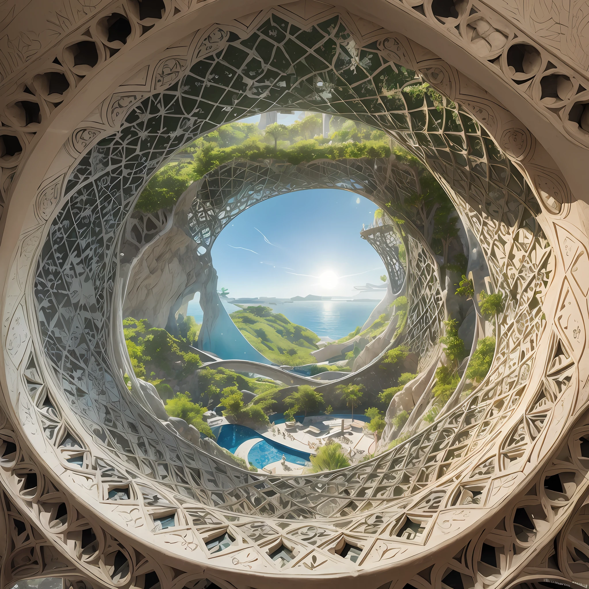 Futuristic Islamic architecture design of cave architecture concept art on desert oasis, islamic architecture, proportional,detailed, cave architecture nature meets futuristic architecture by Toyo Ito ,residential area, futuristic development, high rise balconies, full of rock and glass facades, residential spaces carved from cliff side ,trending on artstation, beautiful lighting,In the style of Arabic calligraphy masterpiece, fantasy, intricate, award winning, 4k, highest quality render --auto --s2