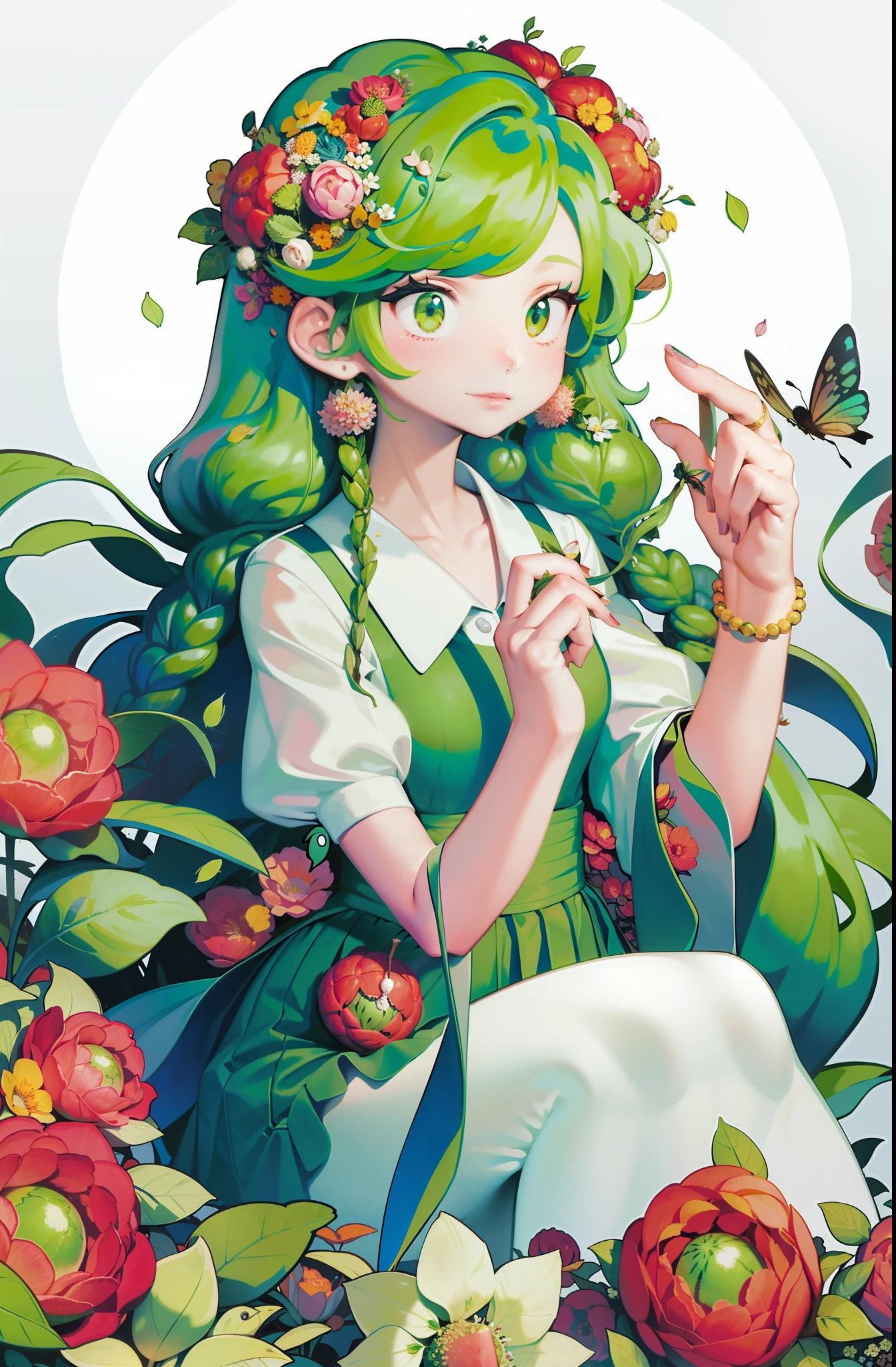 1girl, green hair, (watermelon), forest background, surrounded by flowers, insects and petals