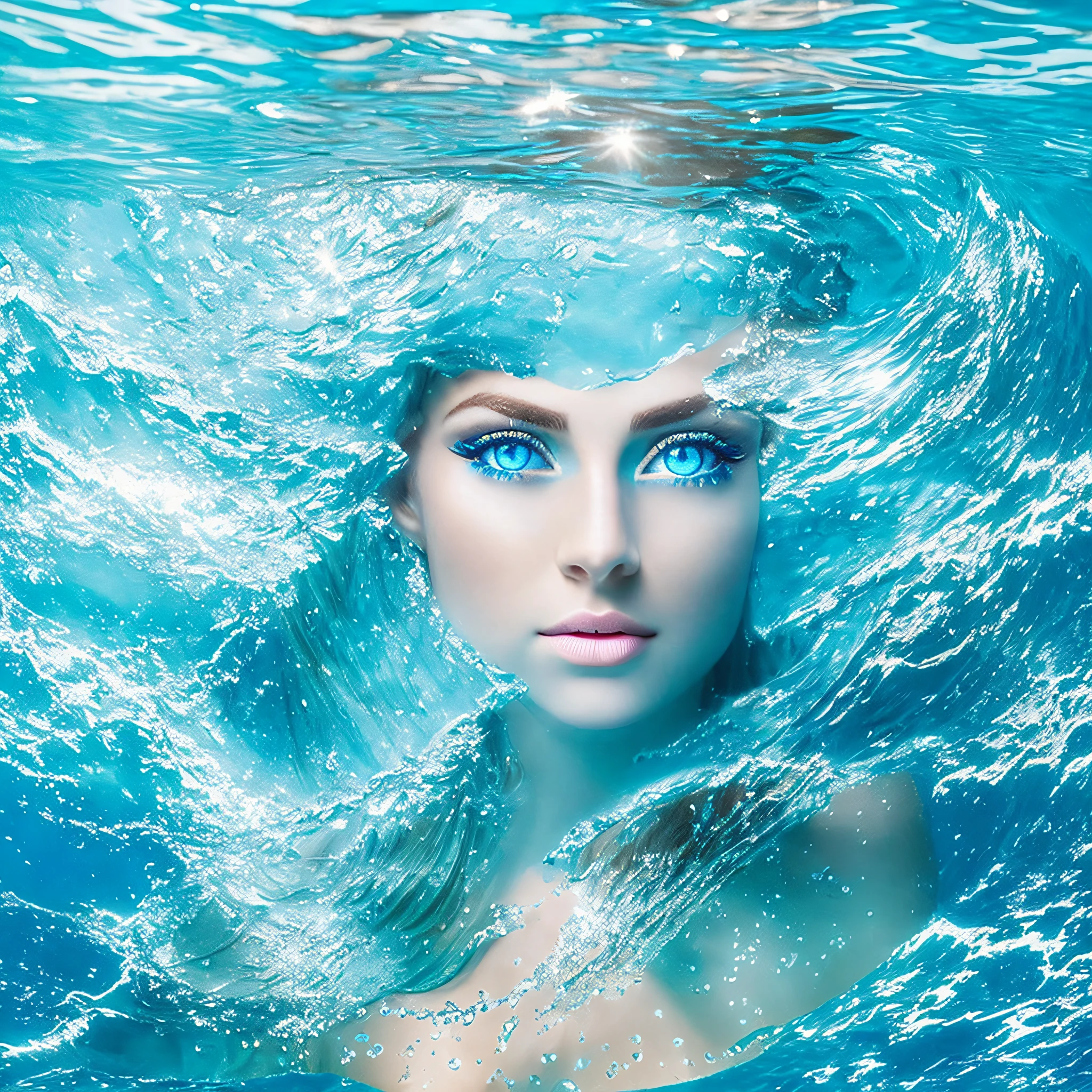 there is a woman with dolphins swimming in the water, ocean eyes, water eyes, azure blue watery eyes, blue watery eyes, watery blue eyes, third - eye visions, watery eyes, underwater face, goddess of the ocean, crystal blue eyes, mystical eyes, ice-blue-eyes, mystic eyes, azure eyes, channeling third eye energy