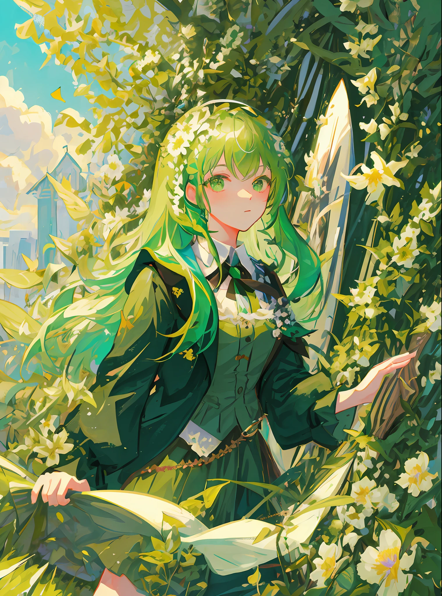 masterpiece, best quality, ultra-detailed, illustration, portrait, 1girl, Green hair, wildly floating Green hair, surrounded by flowers, insects and petals