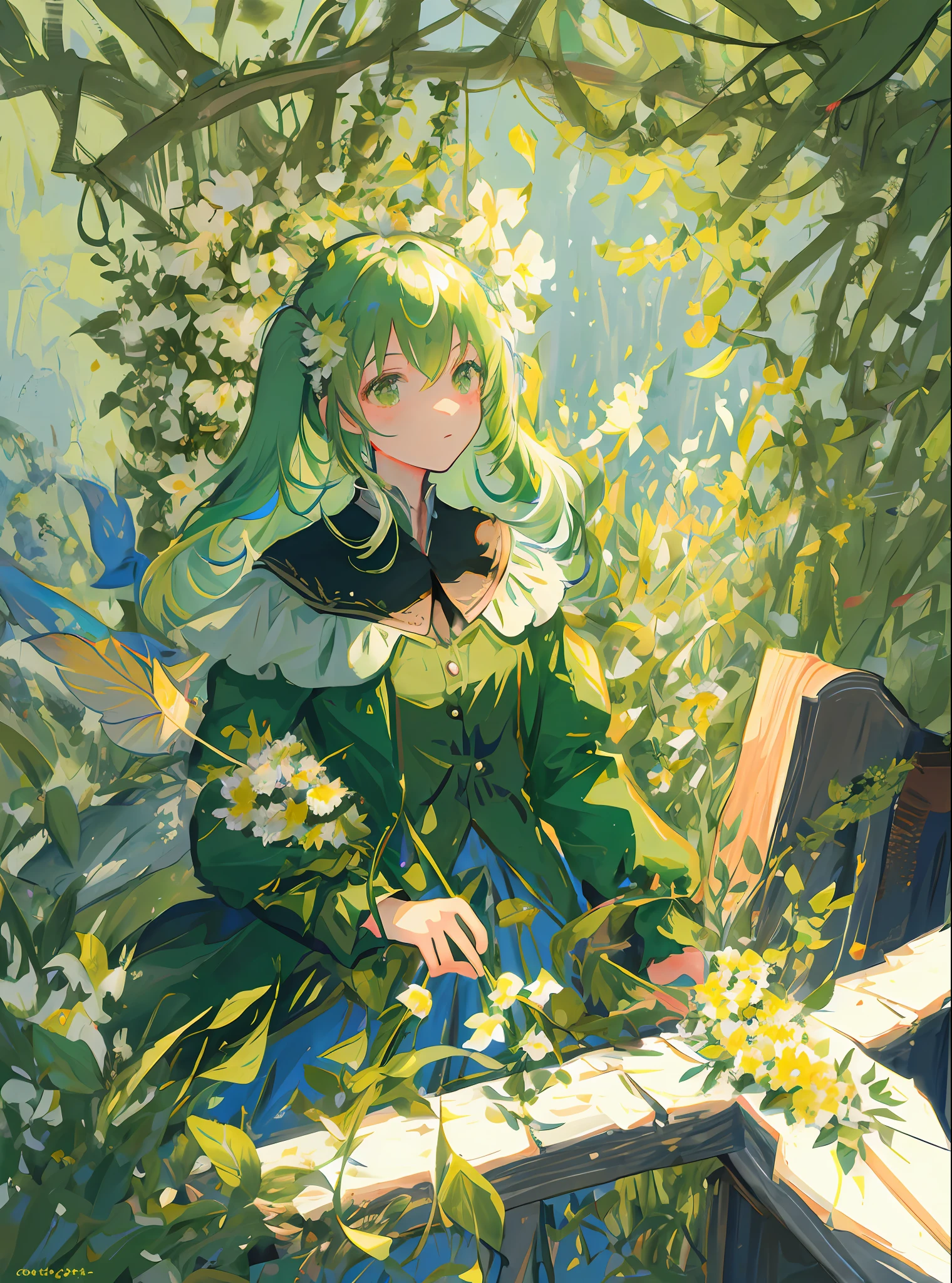 masterpiece, best quality, ultra-detailed, illustration, portrait, 1girl, Green hair, wildly floating Green hair, surrounded by flowers, insects and petals