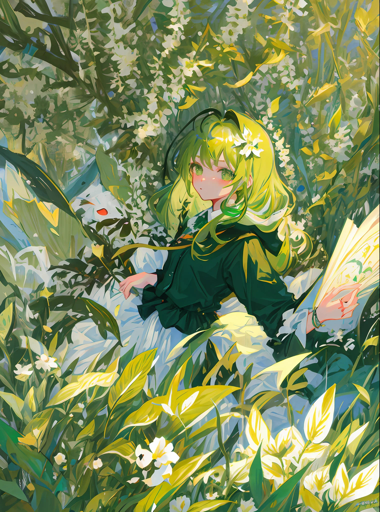 masterpiece, best quality, ultra-detailed, illustration, portrait, 1girl, Green hair, wildly floating Green hair, surrounded by flowers, insects and petals