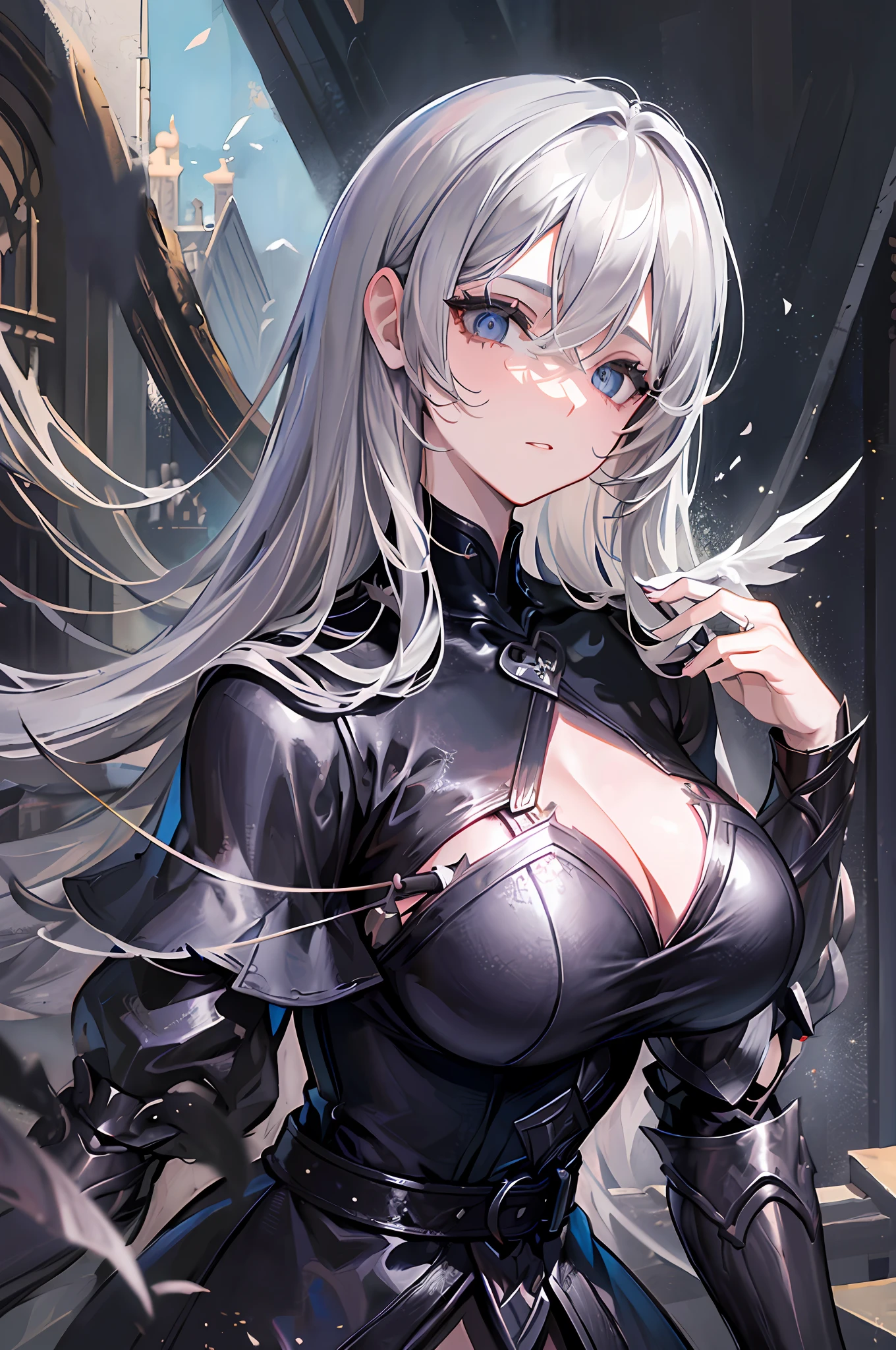 (((Masterpiece))), top quality, super detailed, jet black swordsman, dark knight, black armor, black belt, gothic, temple, abandoned church, dark place, gray hair, silver hair, tearing breasts, fluffy hairstyle, elastic breasts, ((huge chest)).