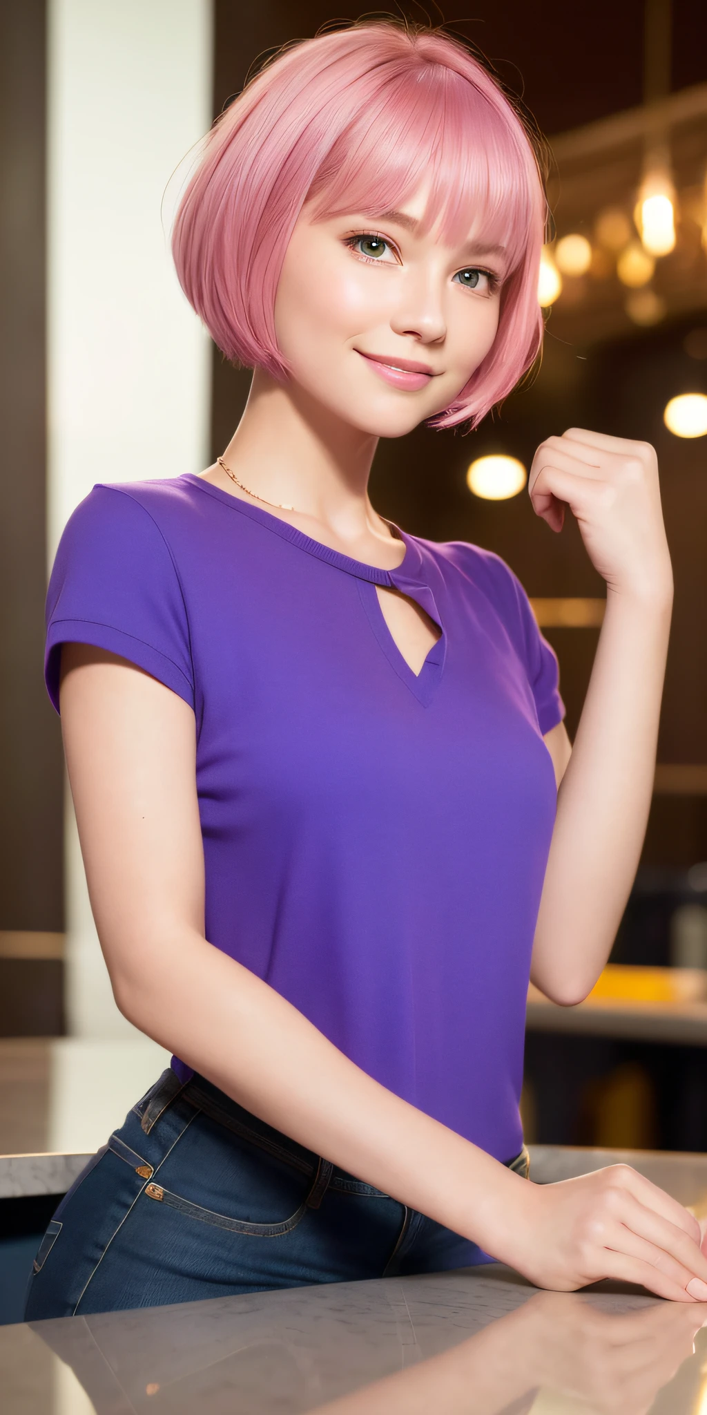 (64K, UHD, Best Quality, Masterpiece: 1.2), (Realistic, Photorealistic: 1.37), Super Detailed, One Girl, Cute, Solo, In an Upscale Bar, Night Date, (Blushing), (Smile: 1.15), (Closed Mouth) Big, Tiger-like Face, Beautiful Fine Eyes, (Shirt with Collar: 1.1), Night, Dressed (Short Hair: 1.2), (Pink Hair, Purple Eyes), Floating NovaFrogStyle,