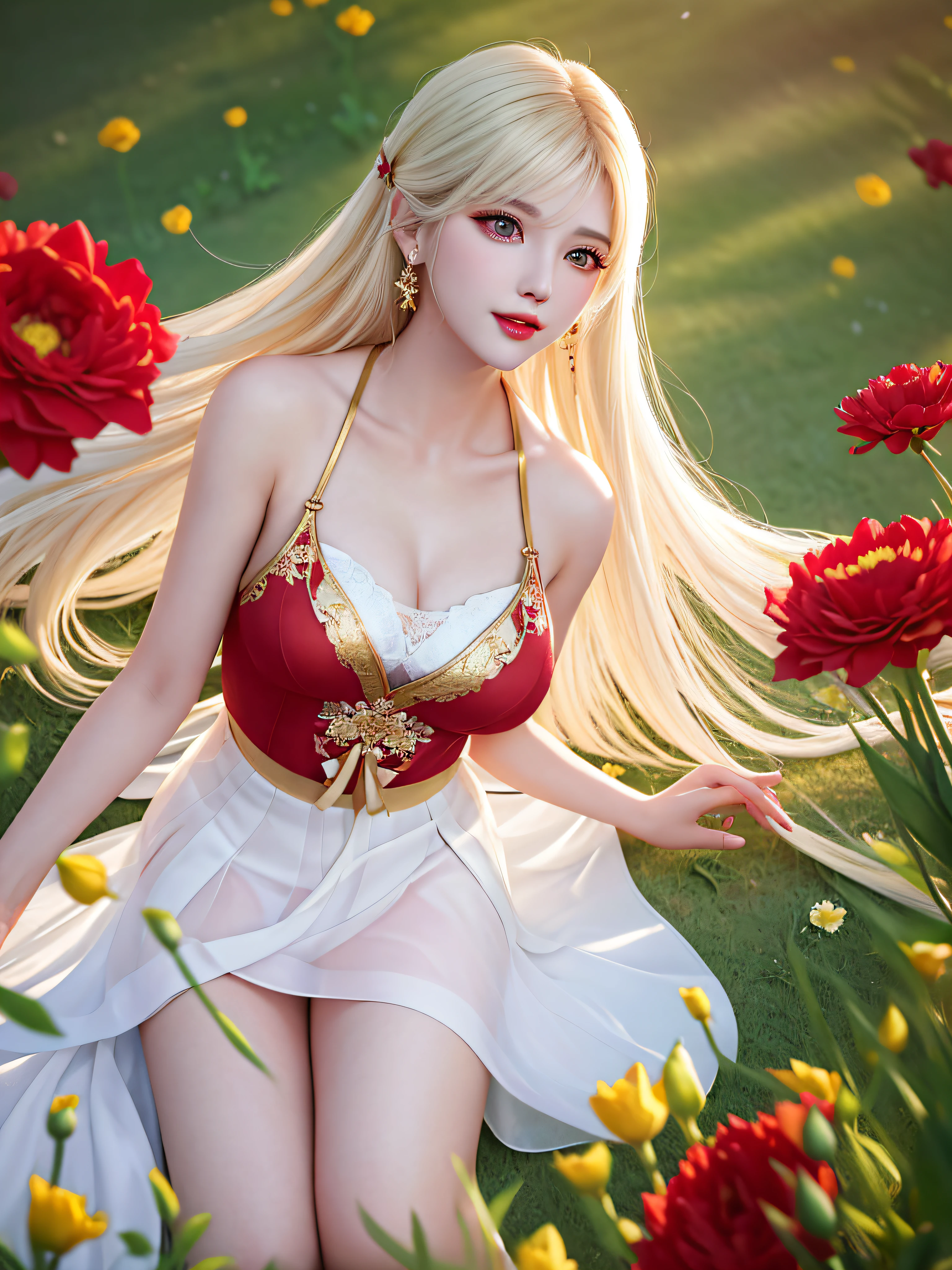 ((Female teacher lying in the flower garden)))) v6, earrings, full body v6, (long golden white hair), translucent clothes, look, superb, ultra high definition, RAW photography, realism 1.25), (bright lip gloss, long eyelashes, smooth) face, bright skin, natural shadows, wide light, wide light, depth of field, strong colors, subtle caustics: 0.8), smile, (big), v6 ( Bra made of red flowers in transparent white, miniskirt,))), sleeveless, lower body slender, behind the woman, there are various beautiful flowers (absurd, high resolution, super detailed), ((a little dirty all over, clothes are also torn))