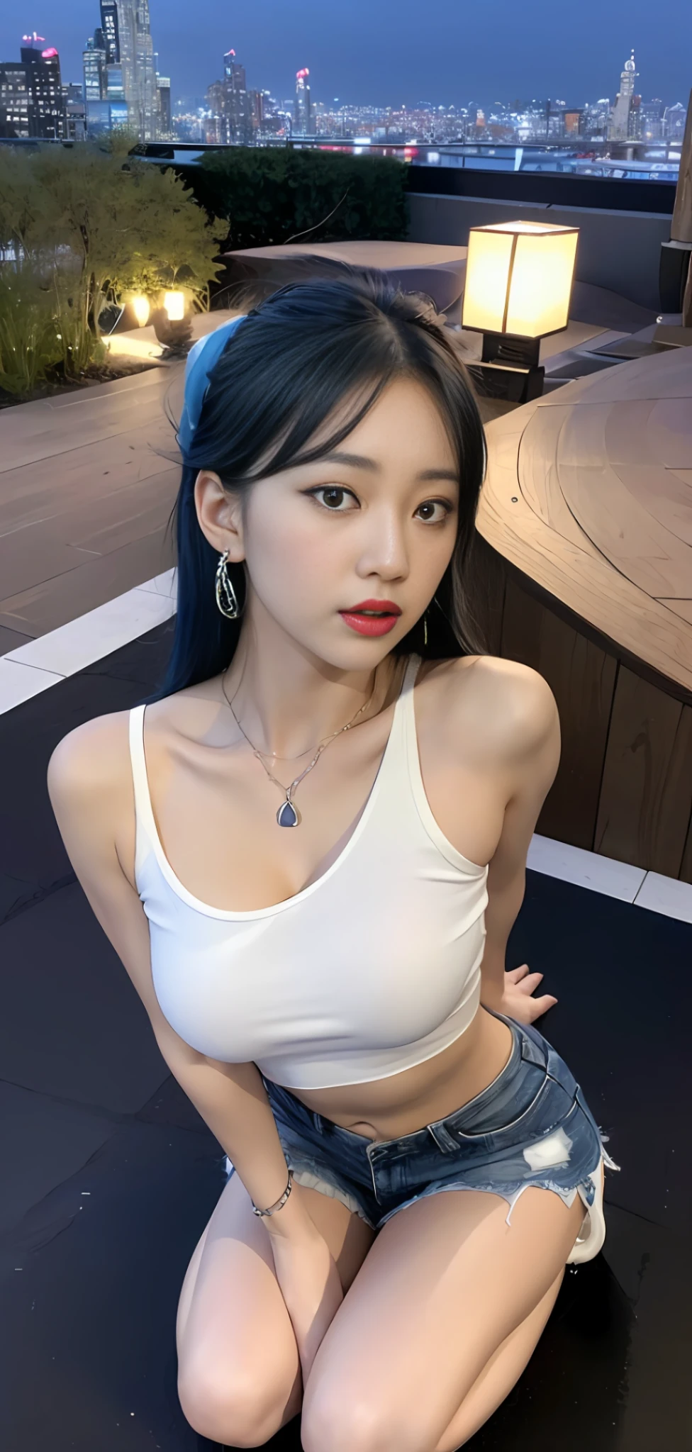 ((Midnight, Acura, 8K, Masterpiece: 1.3)), Full Body, Tall Korean Female Singer, Focal Length: 1.3, Perfect Body Beauty: 1.5, Slim Abs: 1.1, ((Blue Hair, Big Breasts: 1.8 )), (White Short Top Shirt, Low Rise Shorts, Kneeling: 1.2), ((City Night View, Roof: 1.3)), Highly detailed face and skin texture, Detailed eyes, Double eyelids, kneeling, hair accessories, necklace, earrings