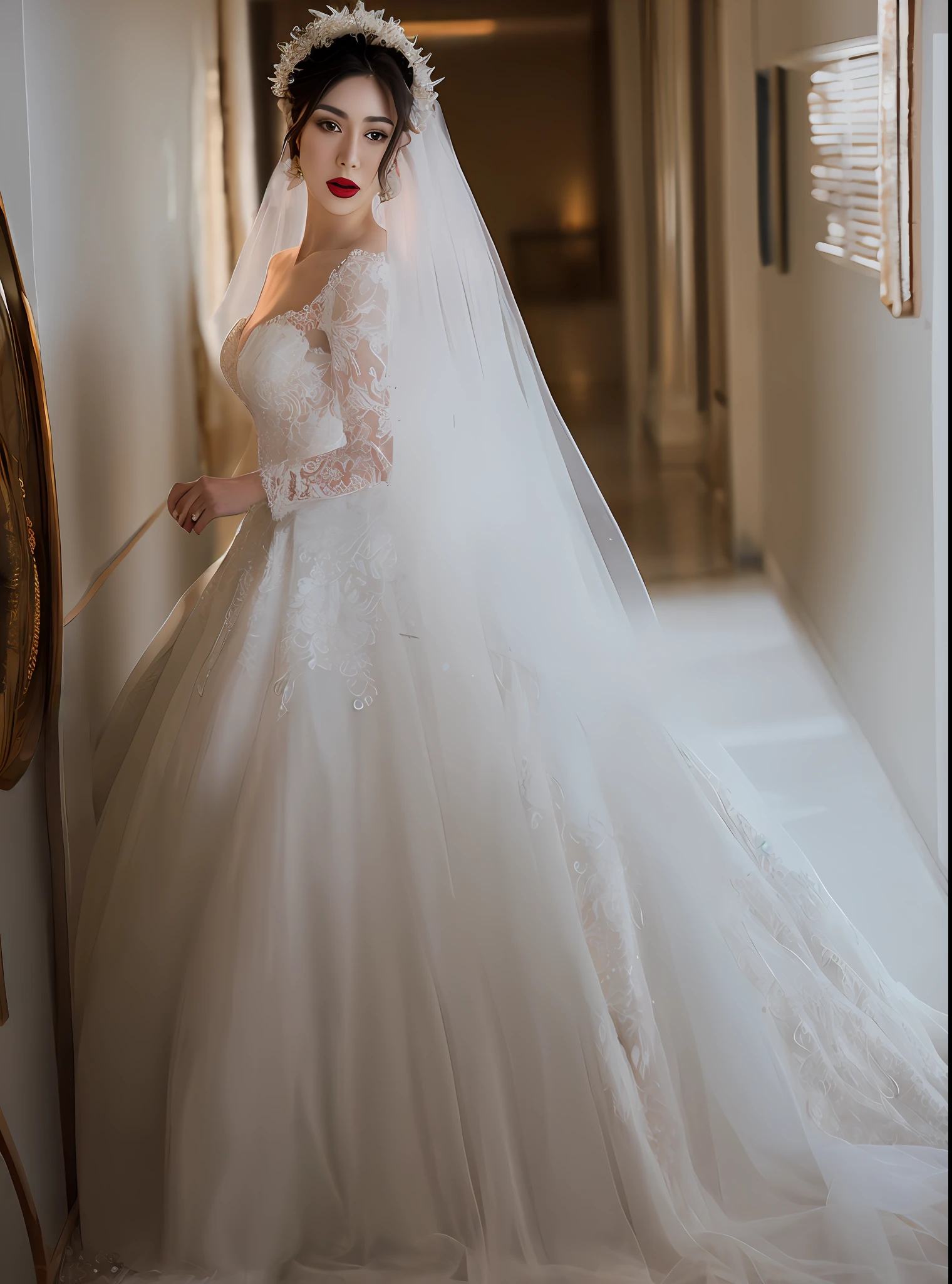 bride in a wedding dress posing for a photo in a hallway, wearing a wedding dress, beautiful wedding dress, in wedding dresses, dressed beautiful gown, stunning elegant, beautiful and elegant, exquisite detail perfect, tulle and lace, elegant intricate, very beautiful and elegant, masterpiece intricate elegant, wearing a magnificent dress, stunning elegant pose, wedding dress, beautiful detailed elegant