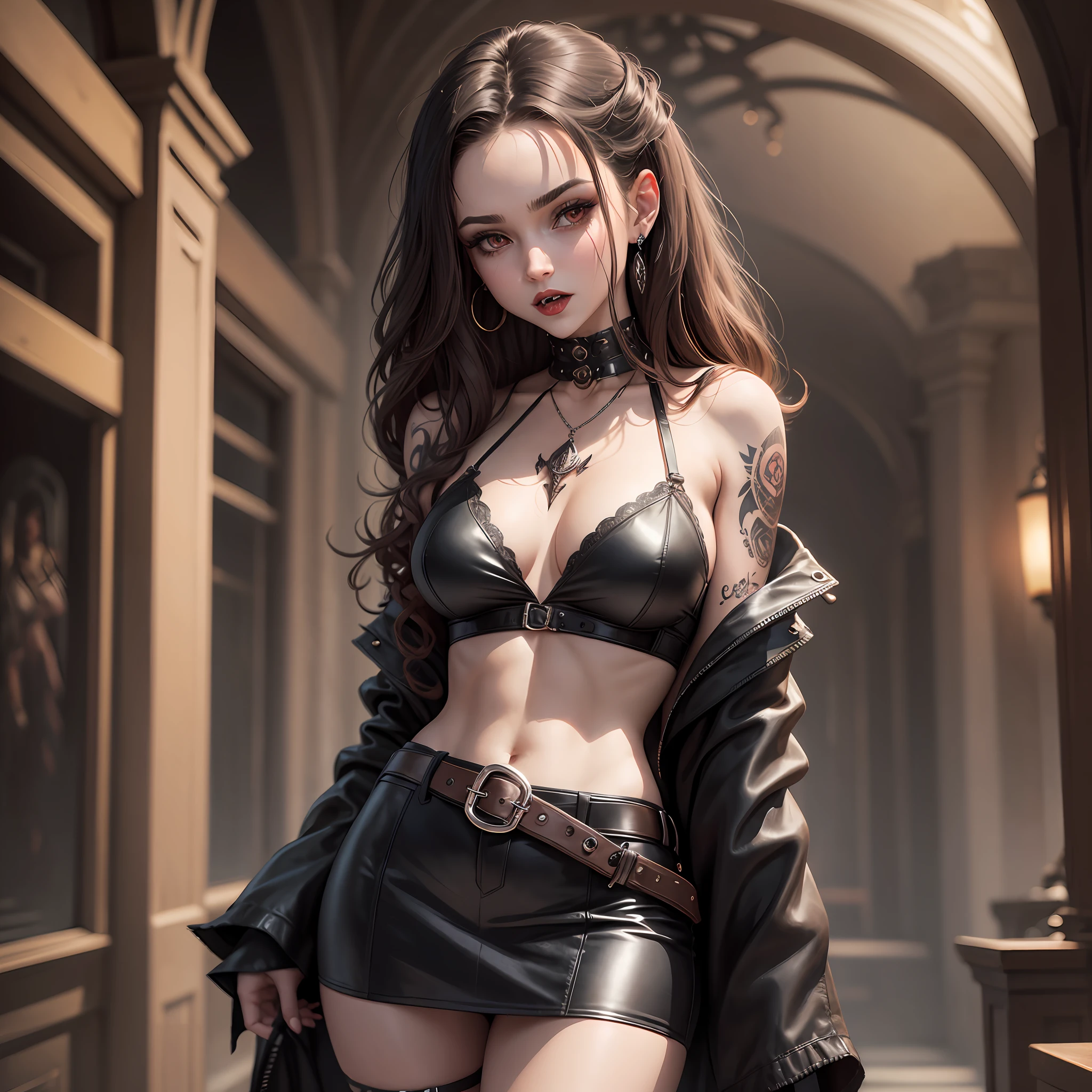 (Vampire theme) a closeup of a brunette woman, light brown curly hair, her face is defined, a divine creation, She wears black bra, black leather mini skirt and a belt as an accessory, on the arm you can see a metal type cord, on the legs a tattoo, her legs are defined and sexy, the girl is 22 years old, She is a gothic vampire, the atmosphere is nostalgic with few lights --auto --s2