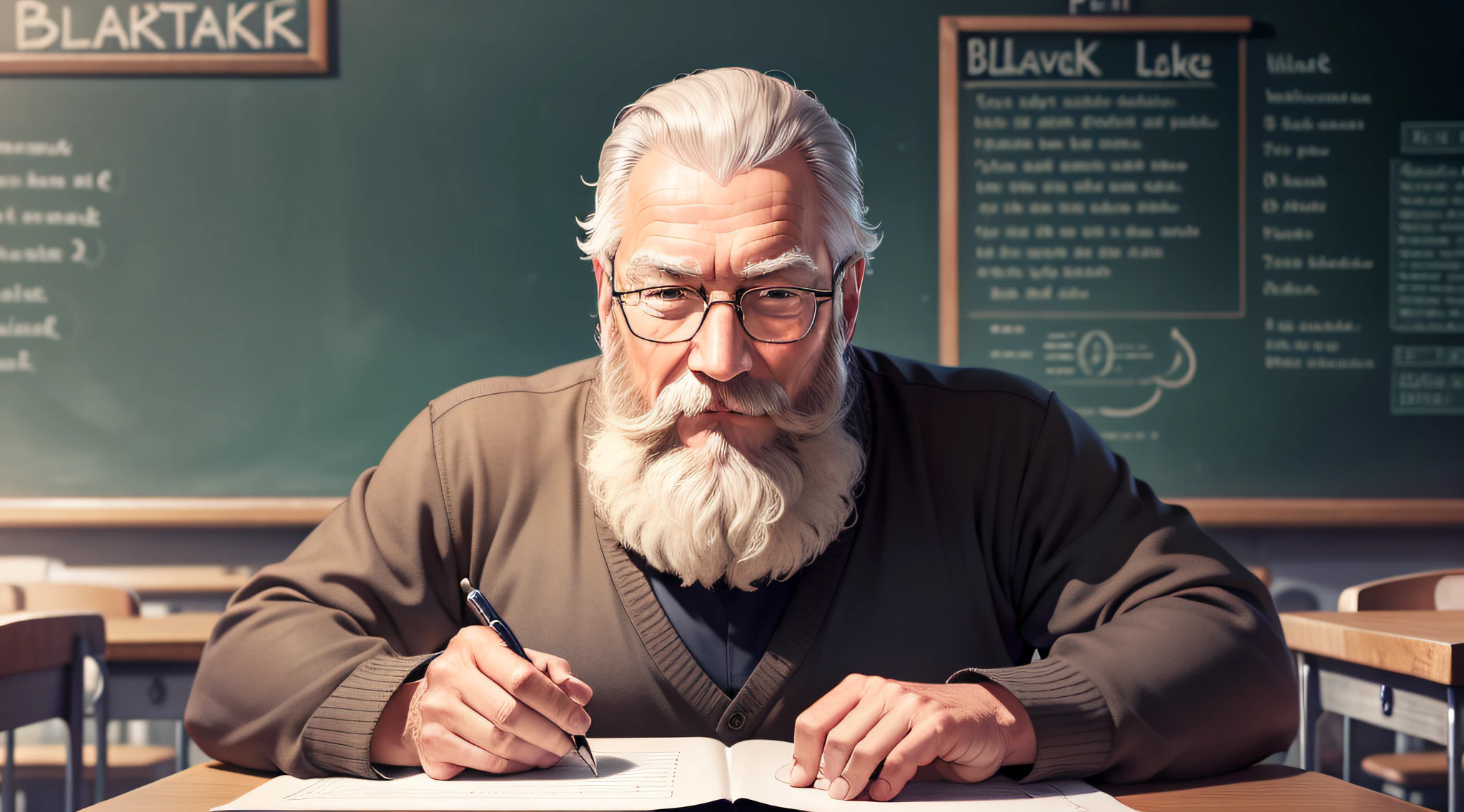 Drawing, ultra realistic, 8k, extremely detailed, in the best quality, a man, looking 50 years, teacher, with beard, and glasses, in a classroom, in the background a blackboard with the following phrase, "leave your like"