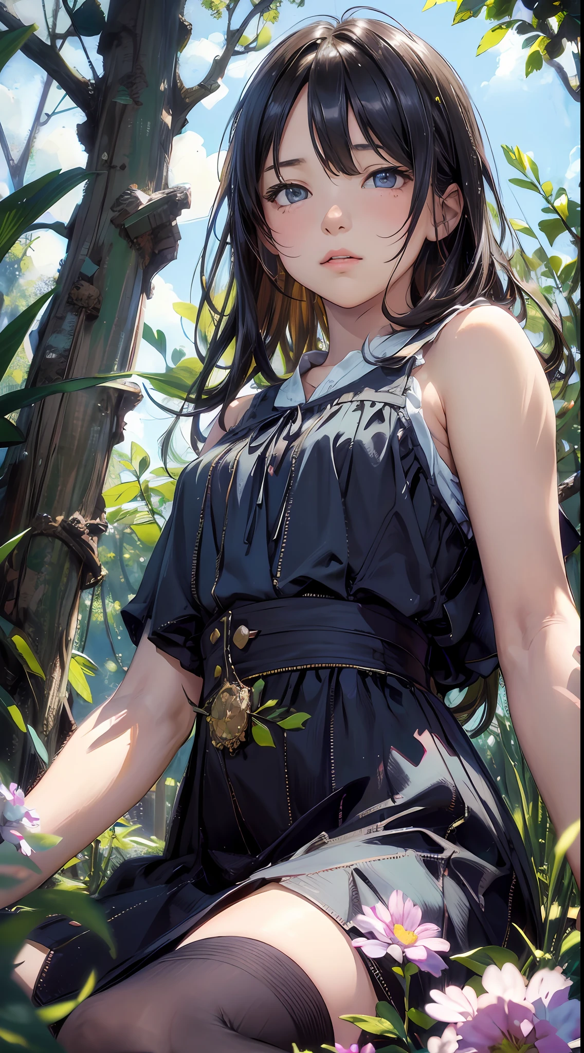 girl, sitting, side shot, (sky:1.6), flowers, (masterpiece, best quality, perspective, depth of field:1.5), beautiful face, thighs, from below, 8k, raw photo, absurdres, woods, impressionism, Tom Thomson, Claude Monet, Joaquín Sorolla, James Wilson Morrice, John Fabian Carlson, Hugh Henry Breckenridge, HDR, photorealistic, film grain, chromatic aberration, highres, ultra detailed, finely detail, dynamic lighting, dramatic lighting, shadow, sharp focus, extremely detailed eyes and face, sharp pupils, realistic pupils